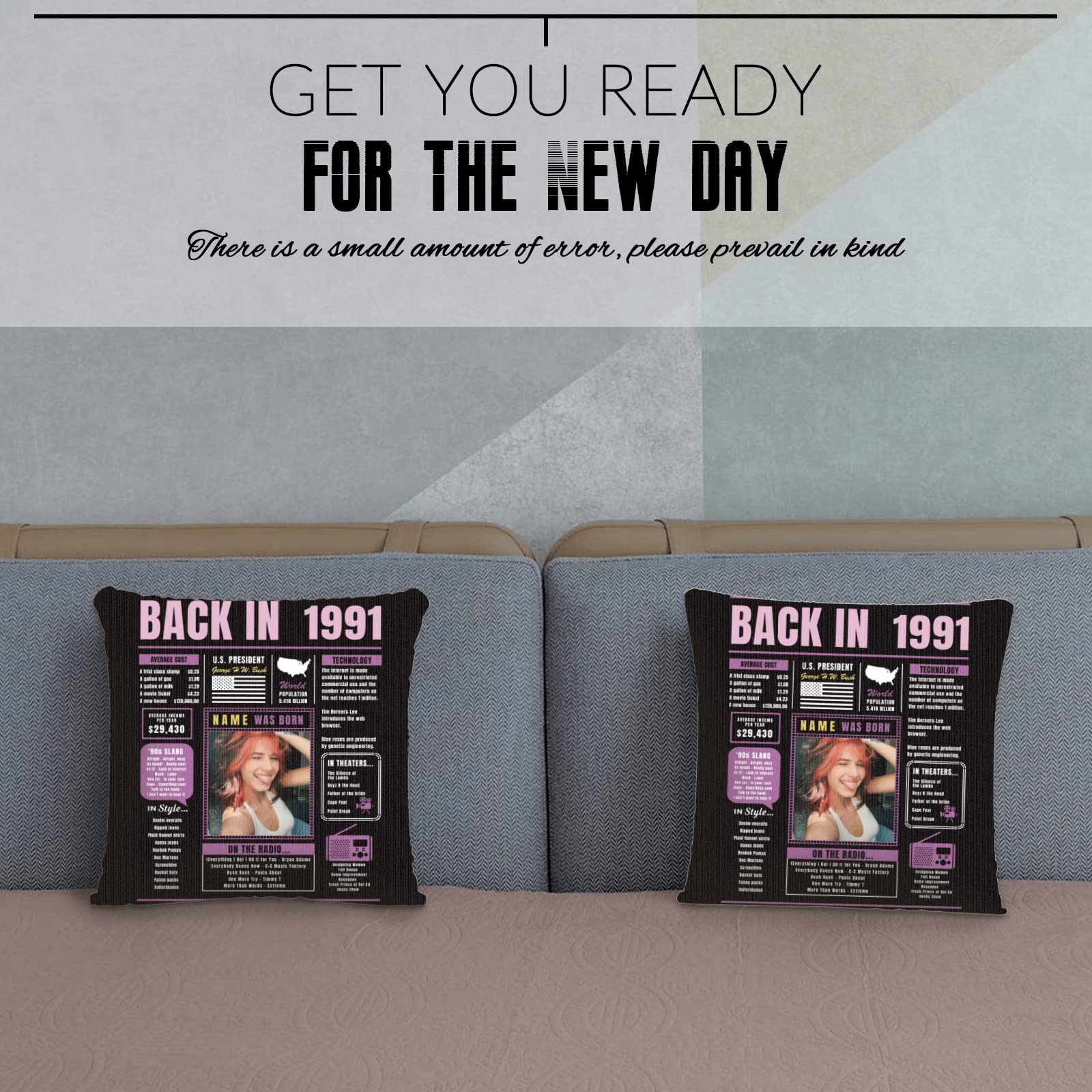 33rd Birthday Gifts for Women & Men - Custom Purple 1991 Throw Pillow with Soft Pillowcase | Unique 33 Year Old Birthday Decor for Parties, Home Decor & Anniversary Gifts