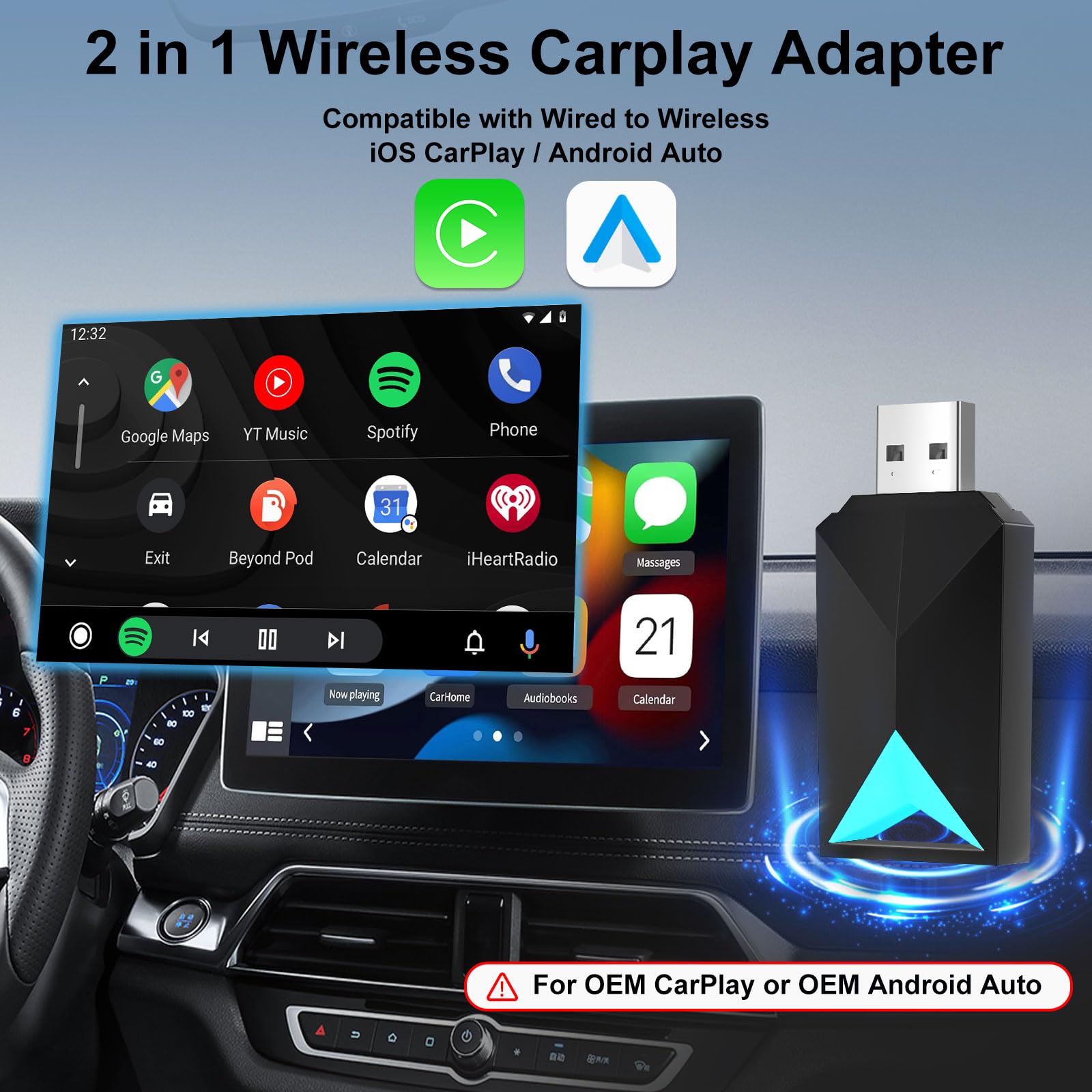 Wireless CarPlay & Android Auto Adapter - 2-in-1 Wired to Wireless Converter for Factory Wired Cars (2016+ Models) | 5GHz WiFi Low Latency | Plug & Play | Online Updates | Black | Perfect for Commuting & Road Trips
