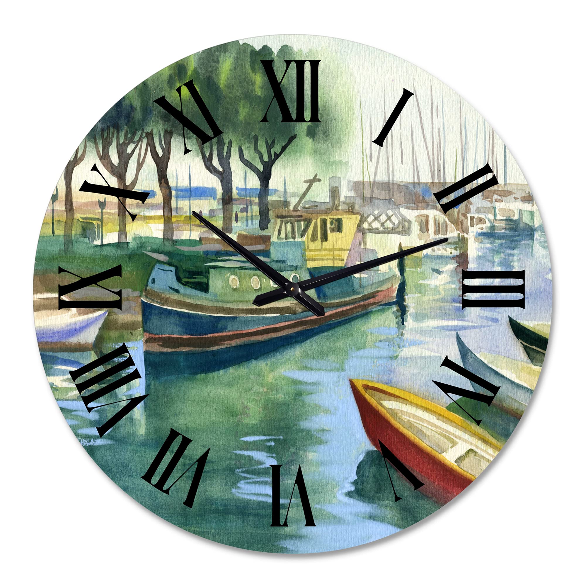 Large Traditional Wall Clock 'Boats in Green Spring' - Nature Landscape Wall Clock for Kitchen, Living Room, Bedroom Decor | Perfect for Home, Office & Farmhouse Style Interiors