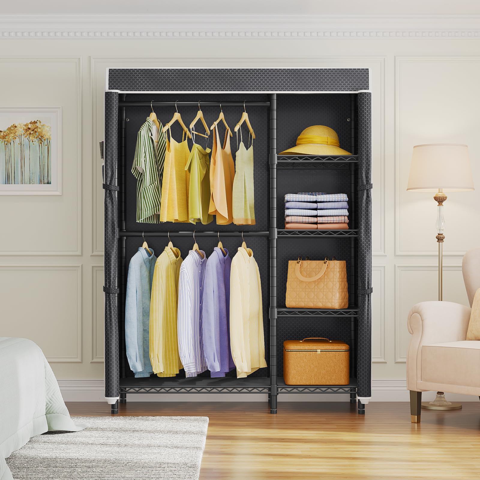 VIPEK V7C Heavy Duty Garment Rack with Shelves & Black Polyester Cover - Portable Closet for Hanging Clothes, 670lbs Capacity Metal Wardrobe - Perfect for Home Organization, Closet Replacement, and Temporary Storage Solutions