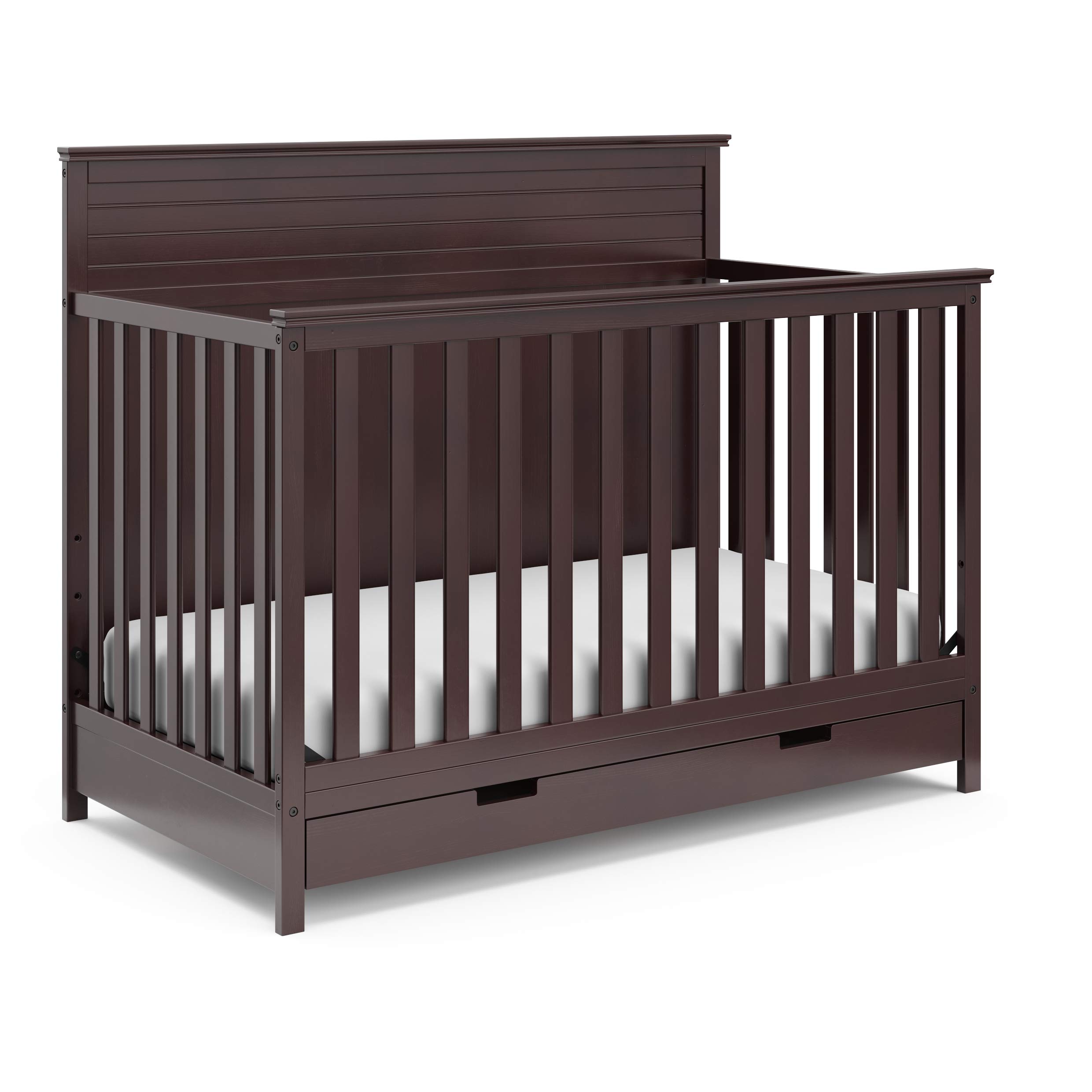 Storkcraft Homestead 5-in-1 Convertible Crib with Storage Drawer in Espresso - Baby Crib to Toddler Bed, Daybed & Full Bed Conversion - Nursery Furniture with Built-in Storage - Perfect for Small Spaces & Growing Families