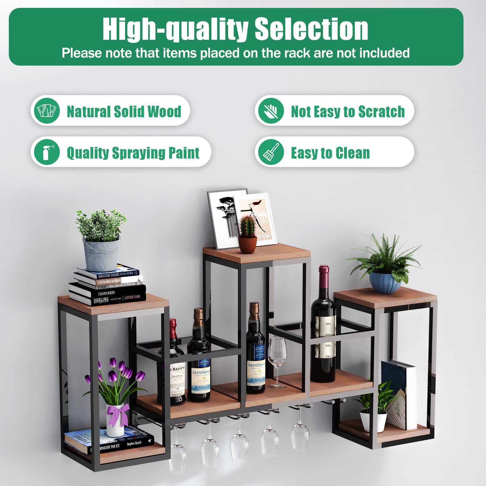 Metal & Wood Wall Mounted Wine Bottle Rack - Multi-Functional Wine Storage Display with Glass Holder for Home, Kitchen & Bar - Perfect for Organizing Wine Collections & Entertaining Guests