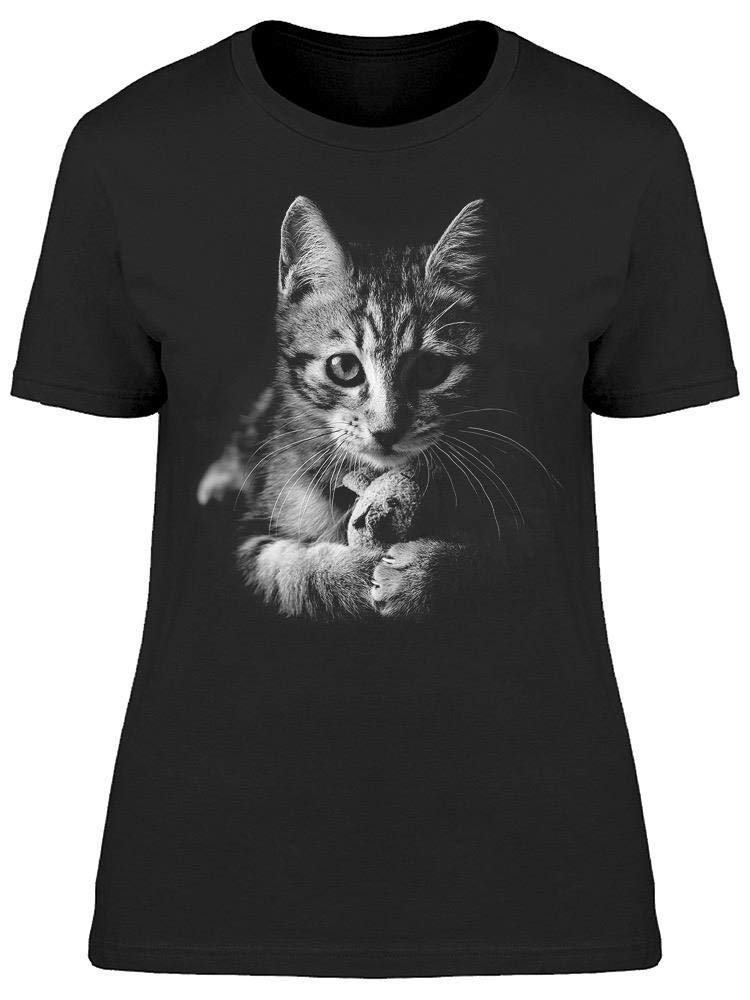 Women's Cat Portrait With A Mouse Graphic T-Shirt - Cute Funny Cat Lover Tee for Casual Wear & Gifts