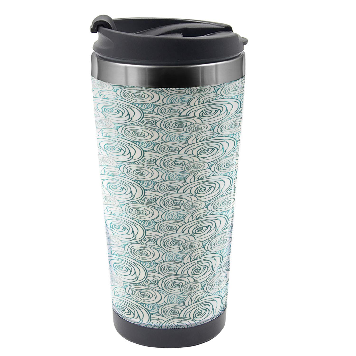 Ambesonne Rose Travel Mug - 16 oz Stainless Steel Thermal Cup with Doodle Style Rose Blossom Design, Dark Teal & Cream - Perfect for Coffee, Tea & Hot Drinks On The Go, Office, Commute & Outdoor Activities