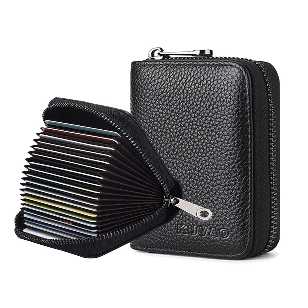 RFID Blocking Leather Credit Card Holder - 20 Card Slots Zipper Wallet for Women & Men - Compact Accordion Card Case with Secure Zipper Closure (Black) - Perfect for Travel, Business & Everyday Use