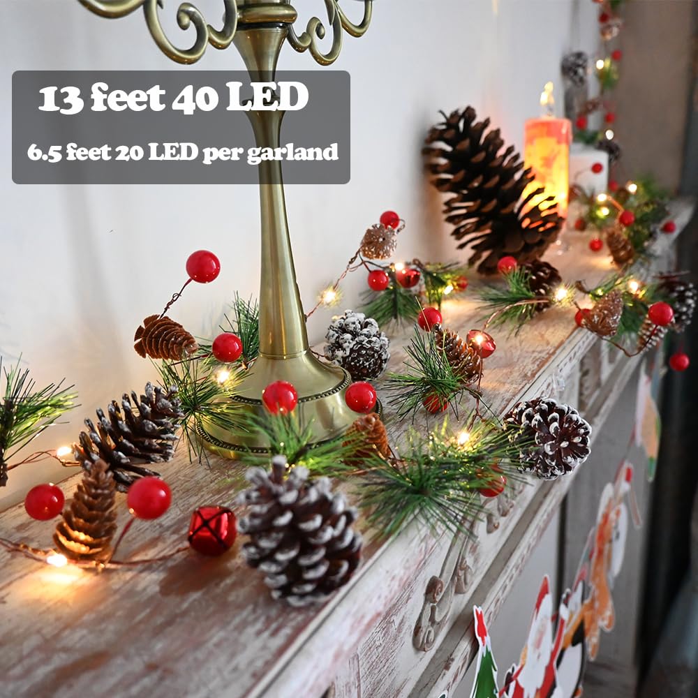 13ft LED Christmas Pine Garland with 40 Battery-Operated Lights & Red Berries - Holiday Decor for Tree, Fireplace, Stairs, Windows - Perfect for Indoor/Outdoor Xmas Decoration