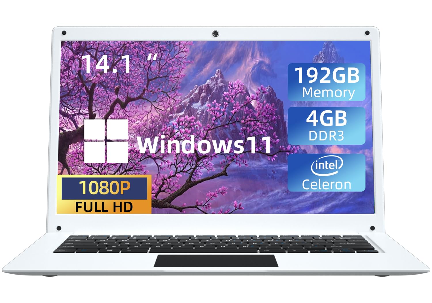 Windows 11 Laptop 14 Inch - Intel Celeron Quad-core, 4GB RAM, 192GB Storage (64GB eMMC + 128GB SSD), Bluetooth 4.2, Ultra Slim Lightweight Notebook - Perfect for Work, Study & Online Classes (White)