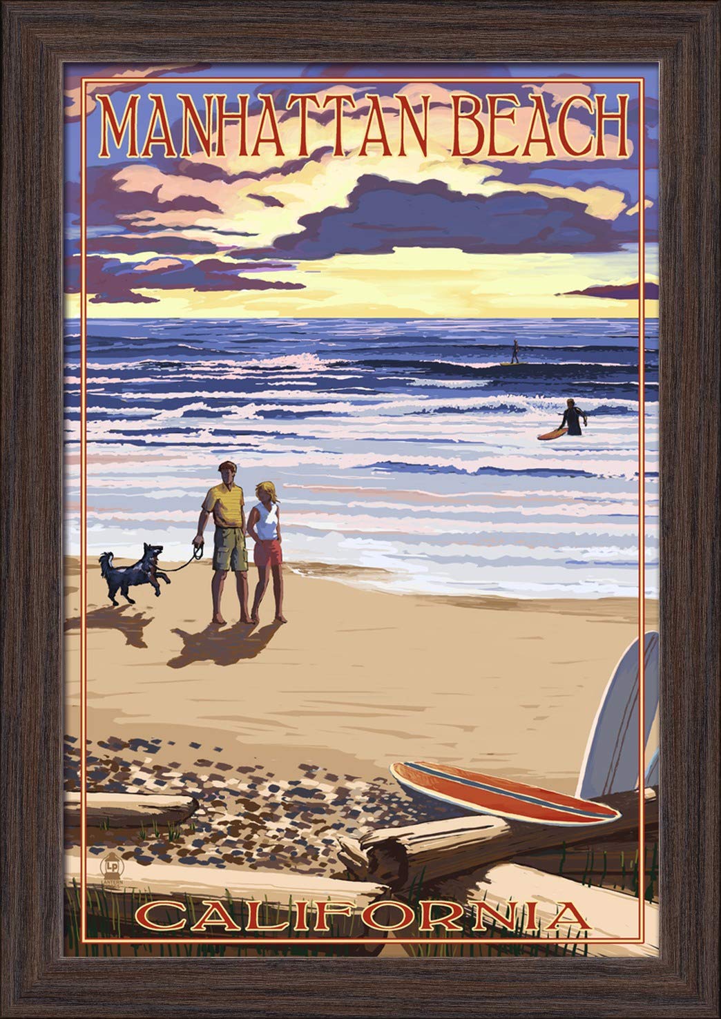 12x18 Giclee Fine Art Print - California Sunset Beach Scene in Manhattan Beach - Recycled Wood Frame in Espresso Brown - Perfect for Coastal Home Decor & Living Room Wall Art