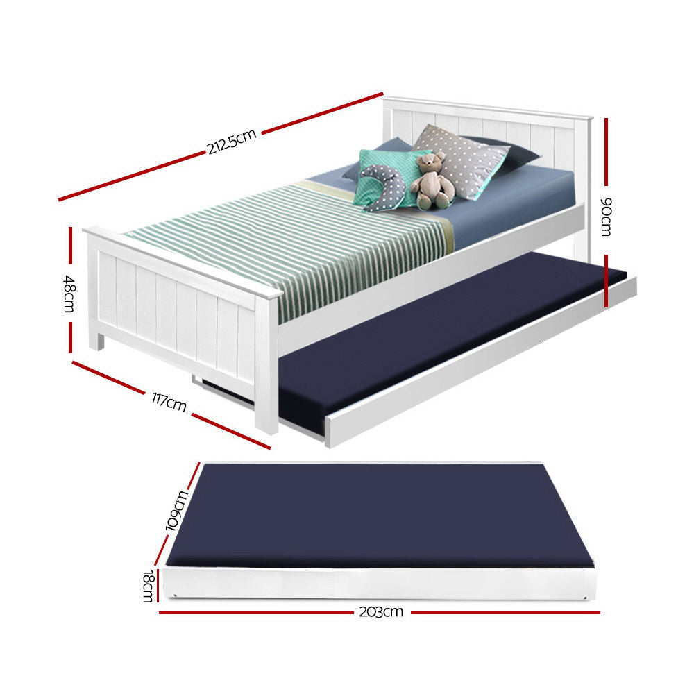 Elvis Wooden King Single Trundle Bed Frame for Kids - White Twin Size with Storage Drawer | Perfect for Small Bedrooms, Guest Rooms & Kids' Sleepovers