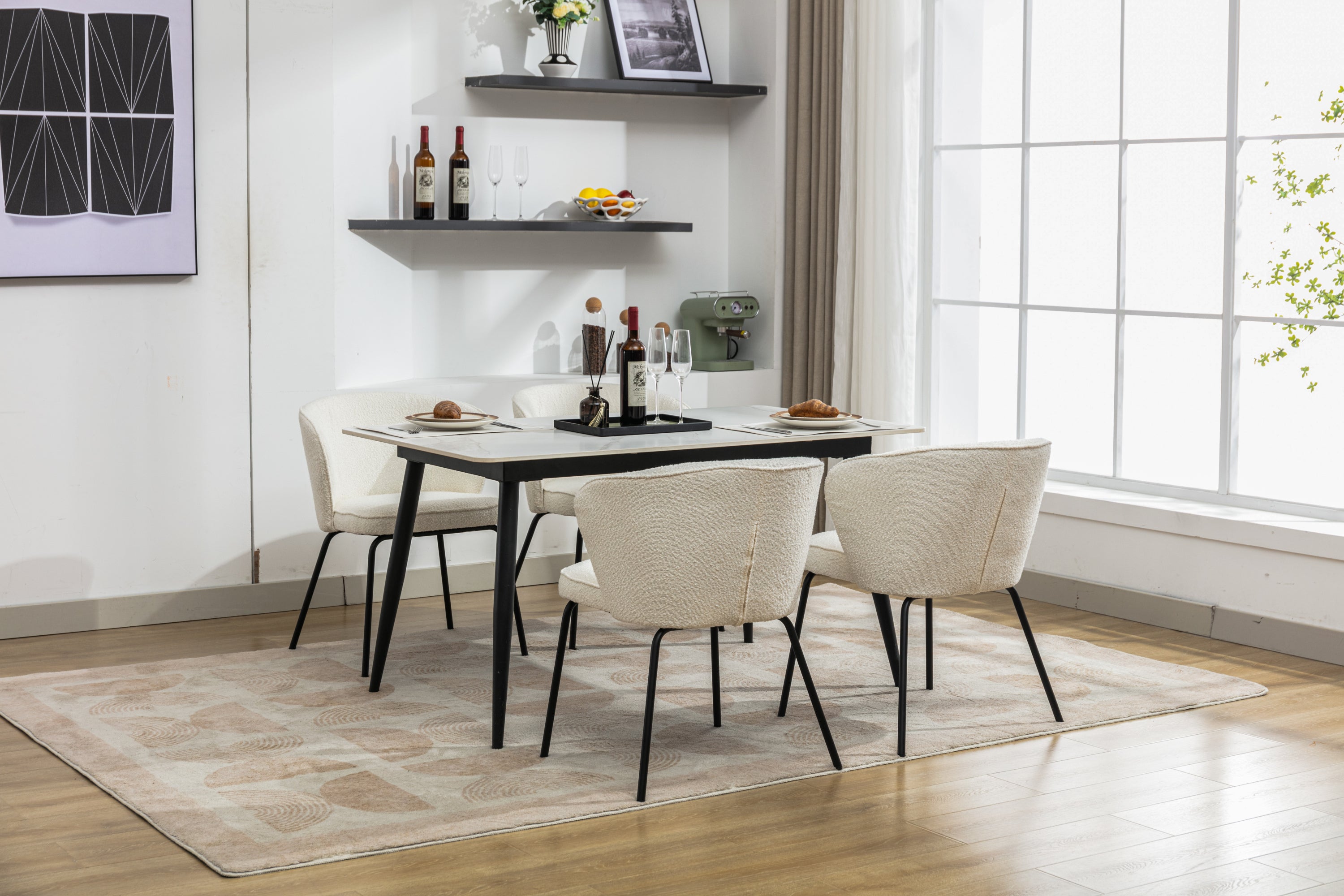Set of 2 Modern Boucle Fabric Dining Chairs with Black Metal Legs in Ivory - Comfortable Upholstered Side Chairs for Kitchen, Dining Room, and Office Use