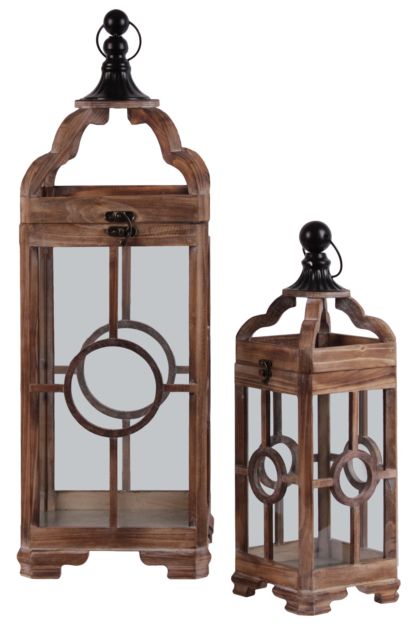Natural Brown Wood Square Lantern Set of 2 - Metal Round Finial Top, Ring Handle & Circle Center Design - Perfect for Patio, Garden, Porch & Outdoor Decor