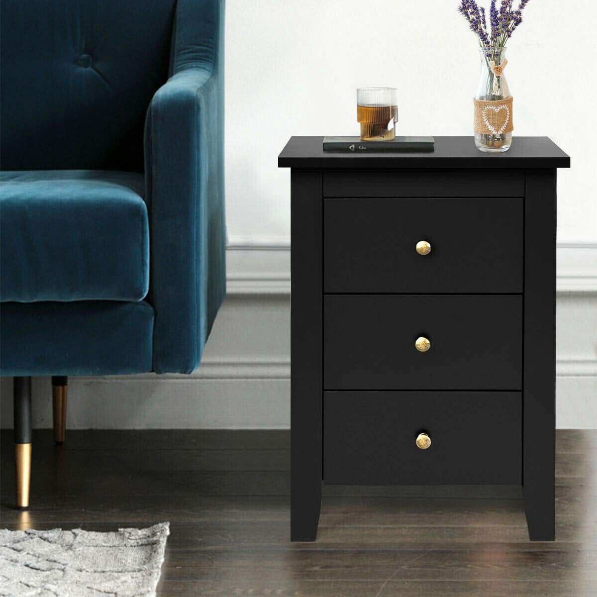Modern Multi-Function End Table with 3 Drawers - Nightstand, Desk Cabinet & Storage Organizer | Durable Study Table for Living Room, Bedroom & Office | Space-Saving Black Side Table for Small Apartments & Workspaces