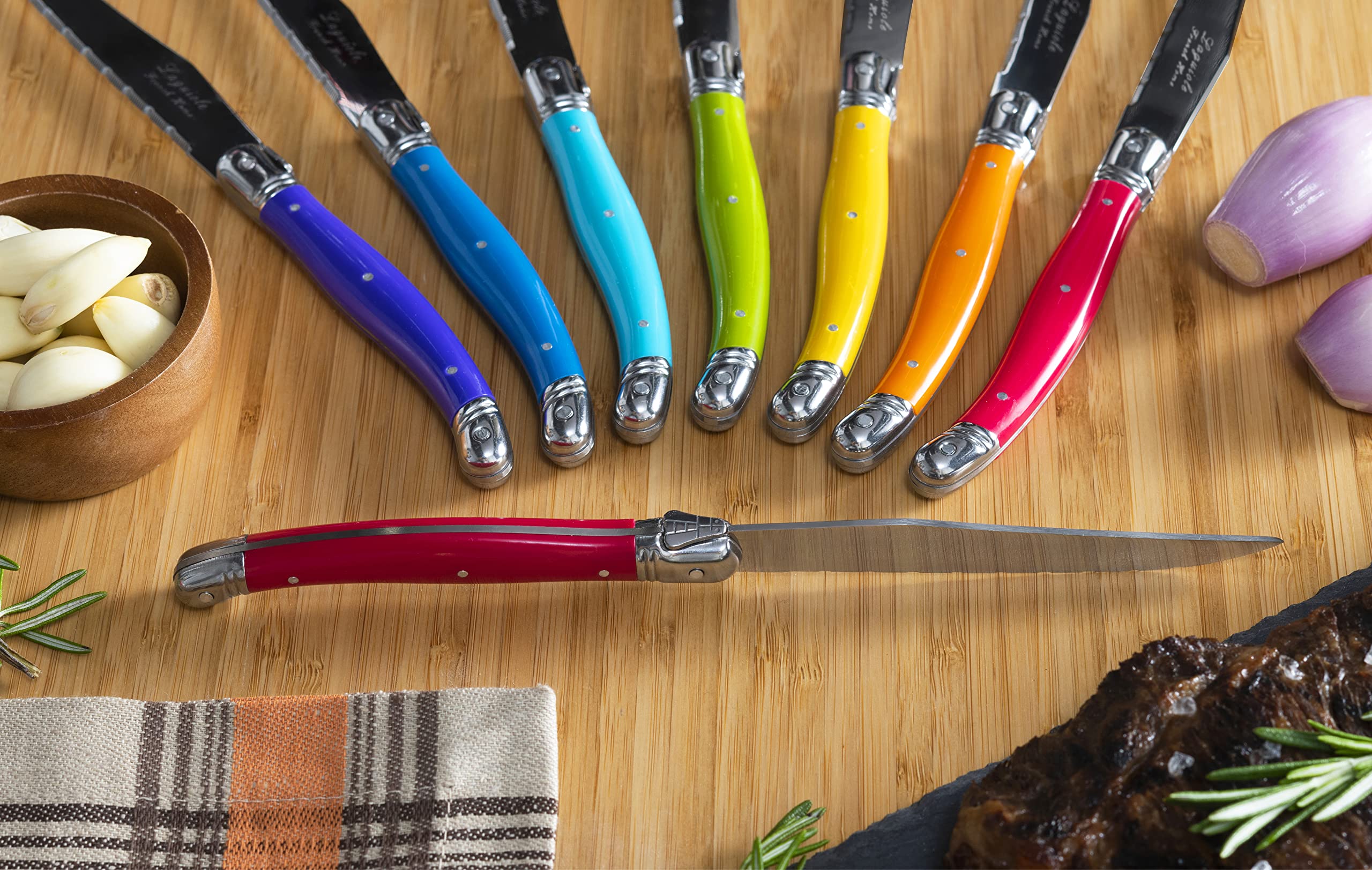 Premium French Laguiole 8-Piece Steak Knife Set - High-Quality Stainless Steel Dinner Knives with Elegant Rainbow Handles & Signature Bee Emblem - 9.25