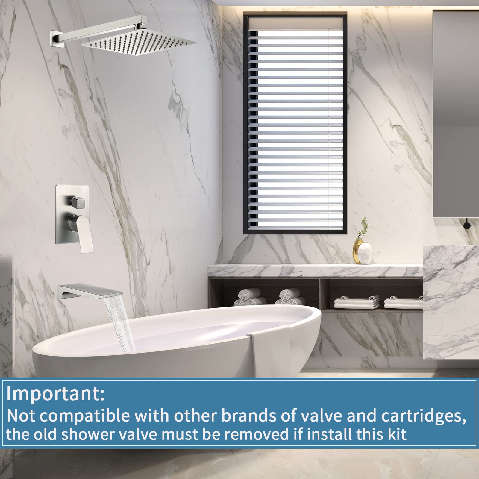 Brushed Nickel Wall Mounted Shower Faucet Set with Waterfall Tub Spout - Complete Shower Trim Kit & Rough-In Valve (Model 33010BN) for Bathroom Remodel & Luxury Spa Experience