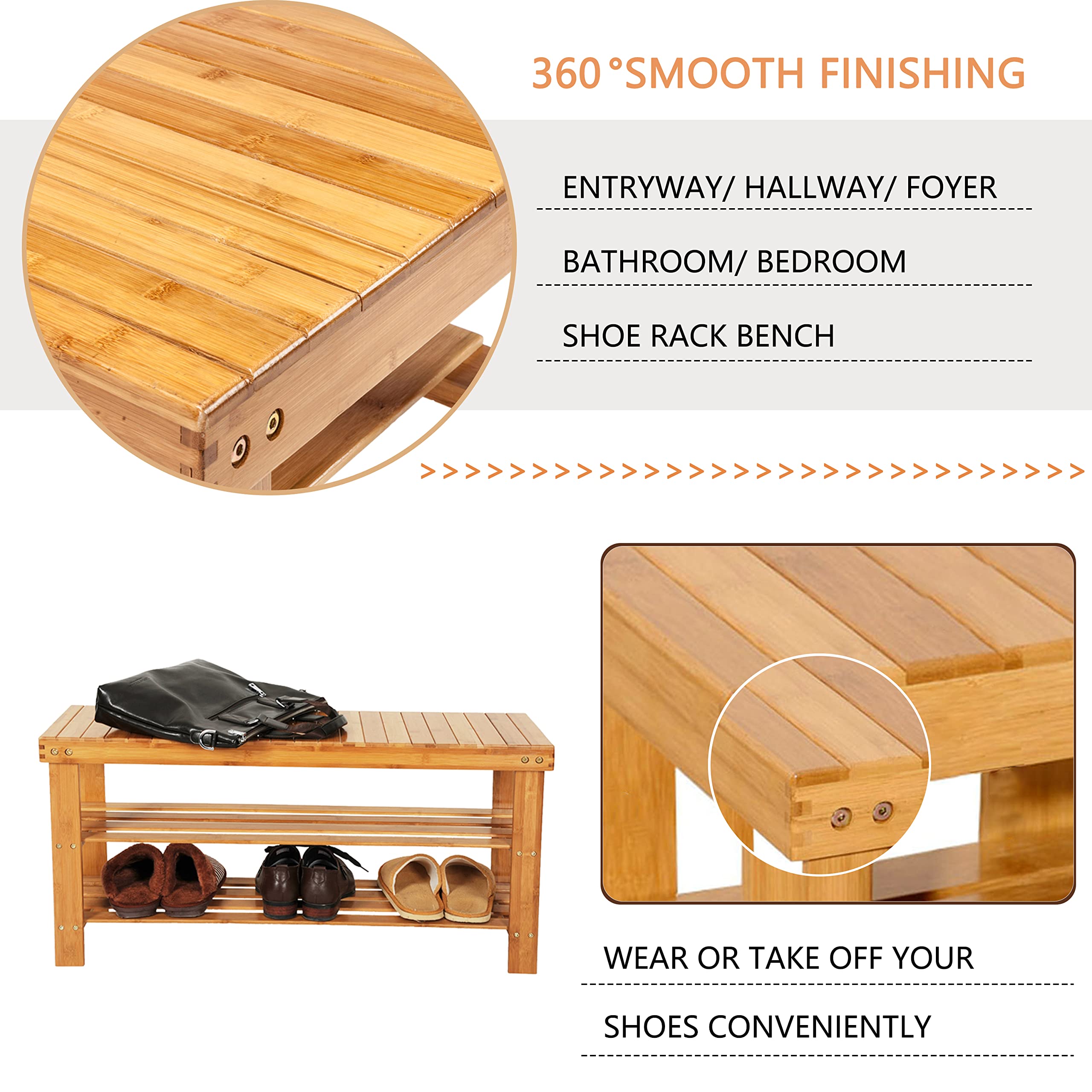 Knocbel 3-Tier Bamboo Shoe Bench - 35.5 Inch Long Entryway Storage Rack & Shoe Organizer (Natural Bamboo) - Perfect for Hallway, Closet & Mudroom Organization