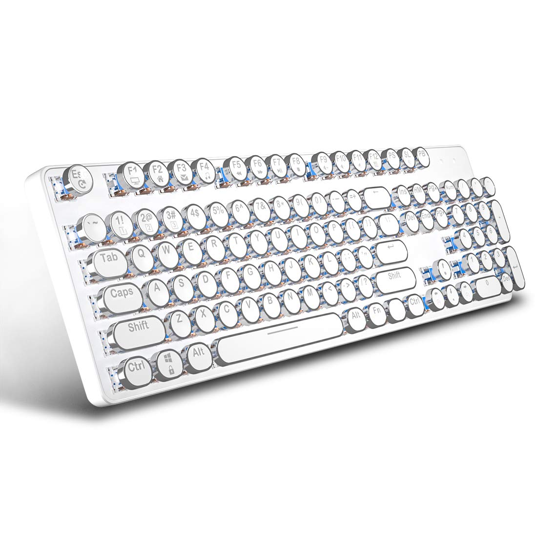Retro Vintage 104-Key Hot-Swappable Wireless Mechanical Keyboard with White LED Backlit - Bluetooth/2.4G/USB for PC, Mac, iPad, Smartphone (Blue Switch, Rechargeable, White) | Perfect for Typing, Gaming, and Office Work