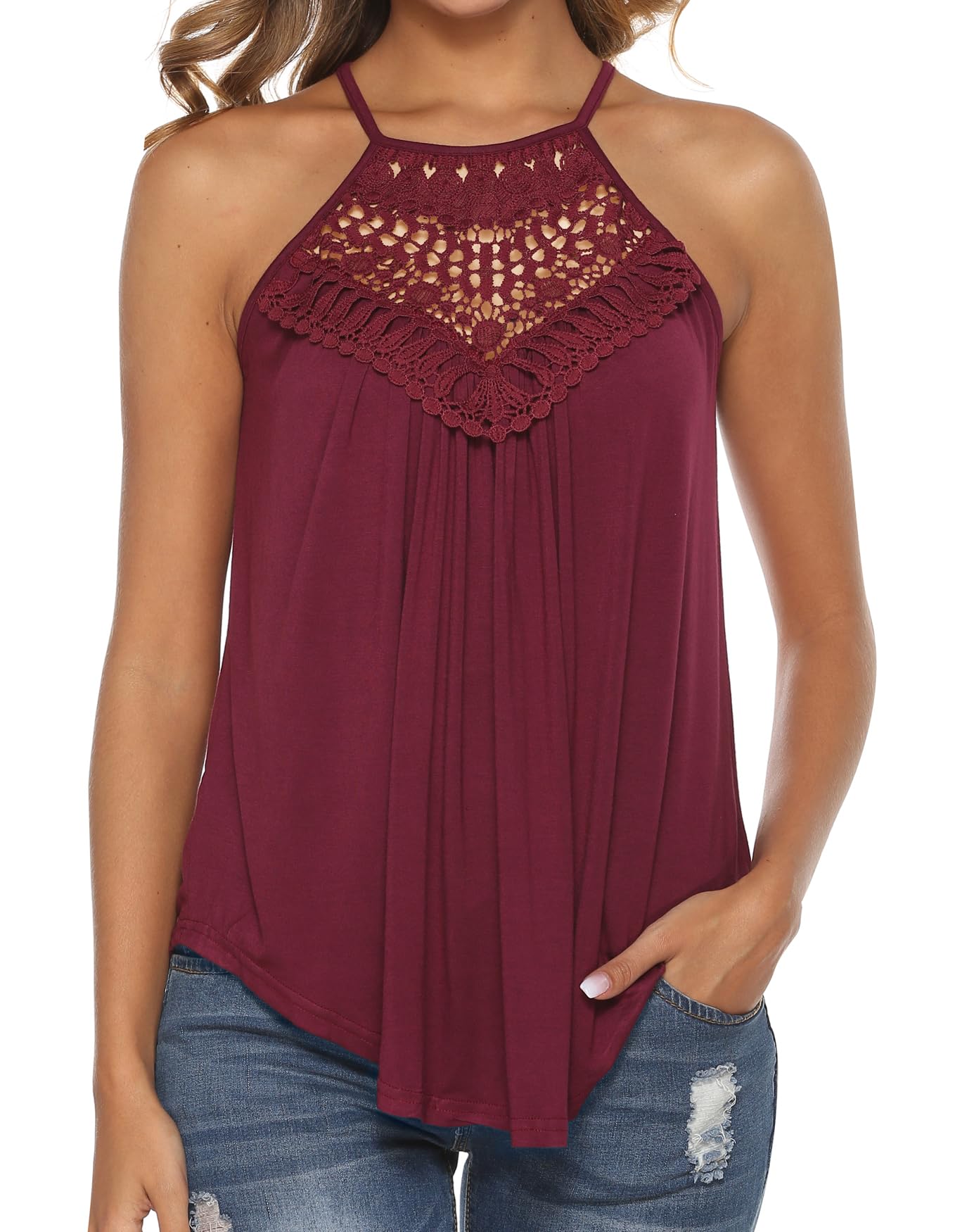 Bluetime Women's Summer Halter Spaghetti Strap Flowy Tank Top - Sleeveless Lace Cami Blouse for Beach, Party & Casual Wear