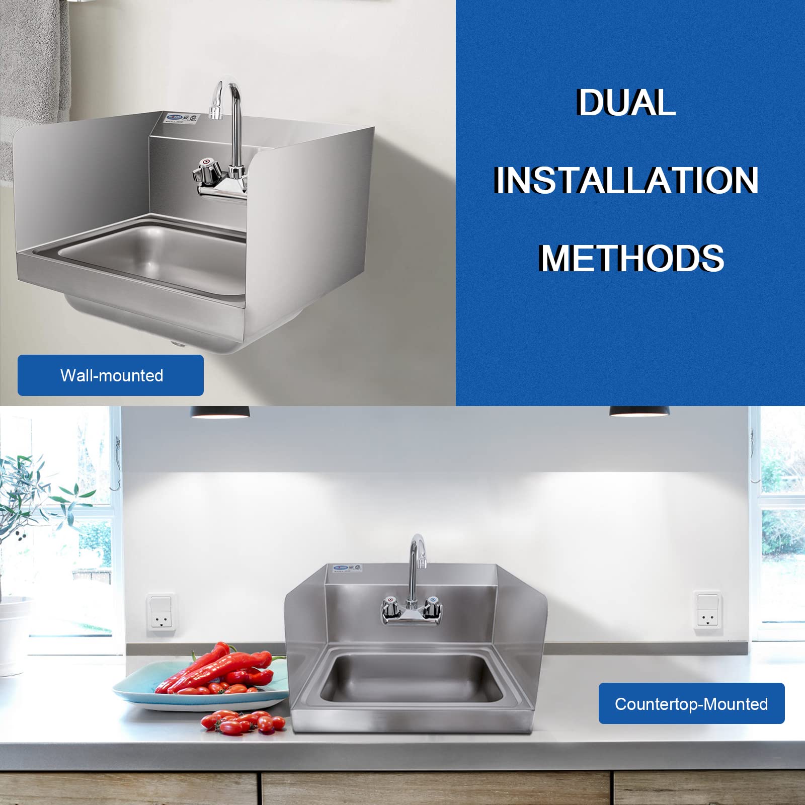 NSF Certified Stainless Steel Wall Mount Hand Washing Sink with Side Splash & Gooseneck Faucet - 17x15 Inches Commercial Kitchen Sink for Restaurants, Homes, Bars - Ideal for Food Prep Areas & Hygienic Hand Washing Stations