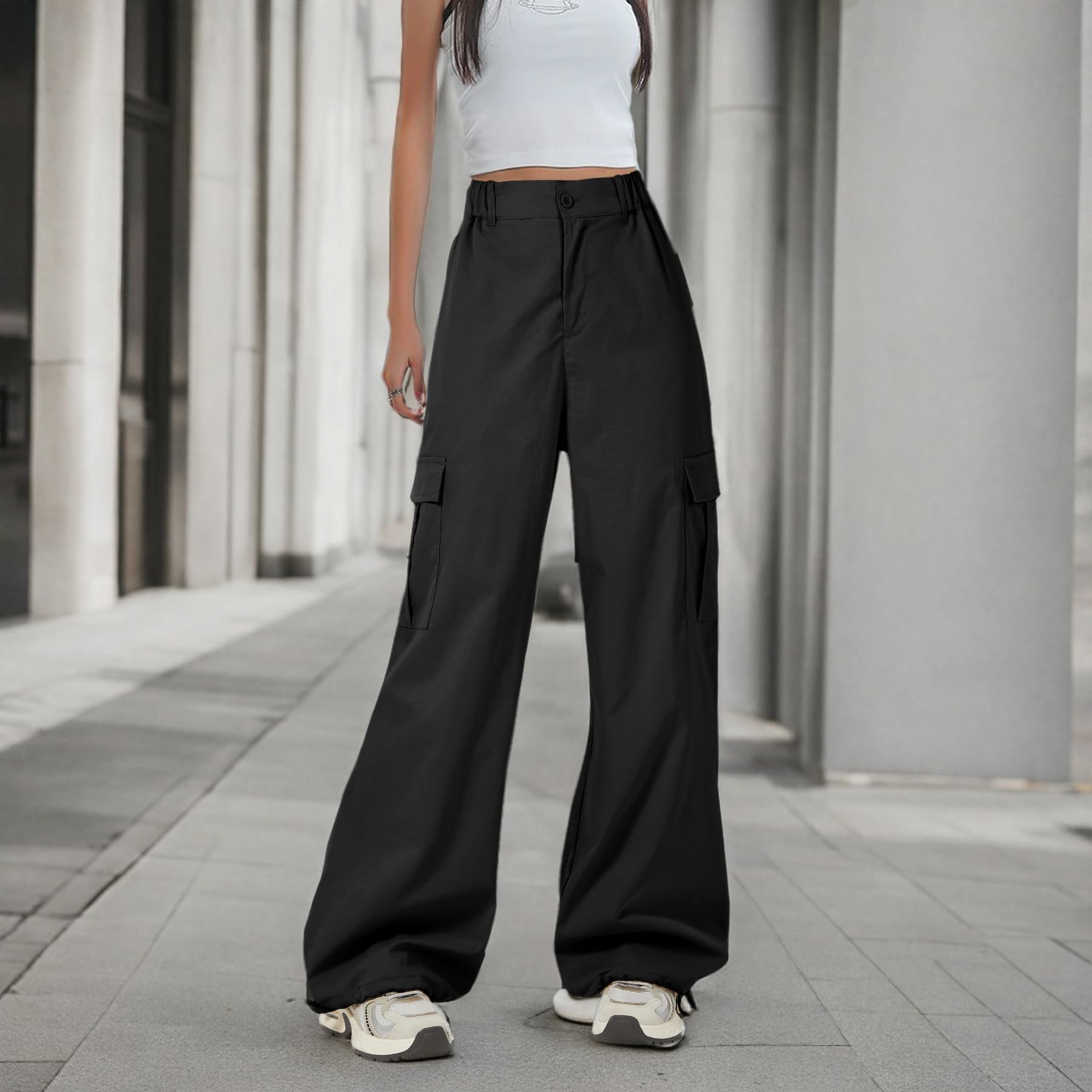 Zando Women's Y2K Baggy Cargo Pants - Stretchy High Waist Wide Leg Parachute Pants with Pockets | Trendy Streetwear & Casual Outfit for Women | Perfect for Urban Fashion, Travel & Everyday Wear