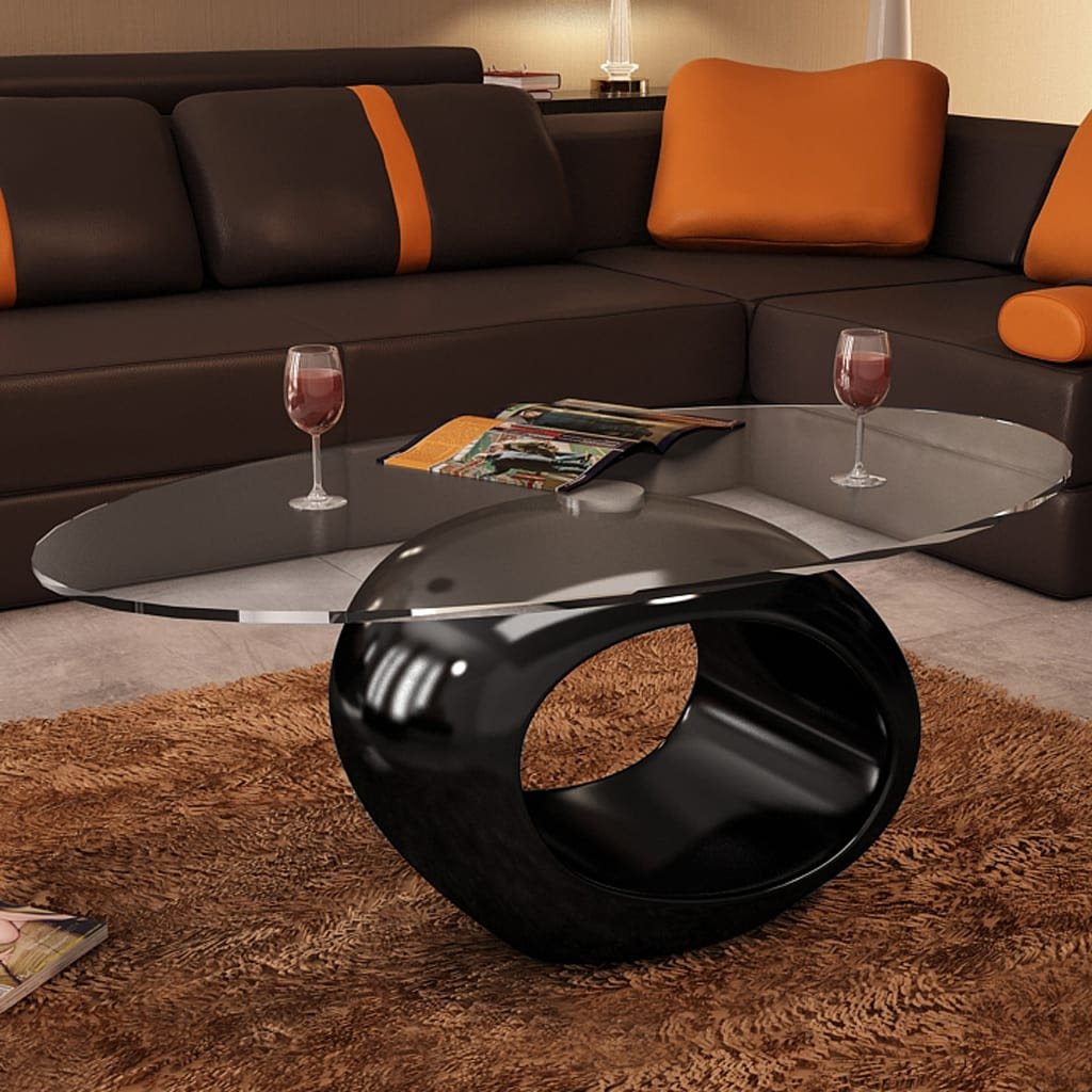 Modern Simple Style Oval Glass Top Coffee Table - High Gloss Black Side Table for Living Room, Office, Home Entertainment Center & Reception - Perfect for Coffee Break, Reading Nook & Lounge Decor