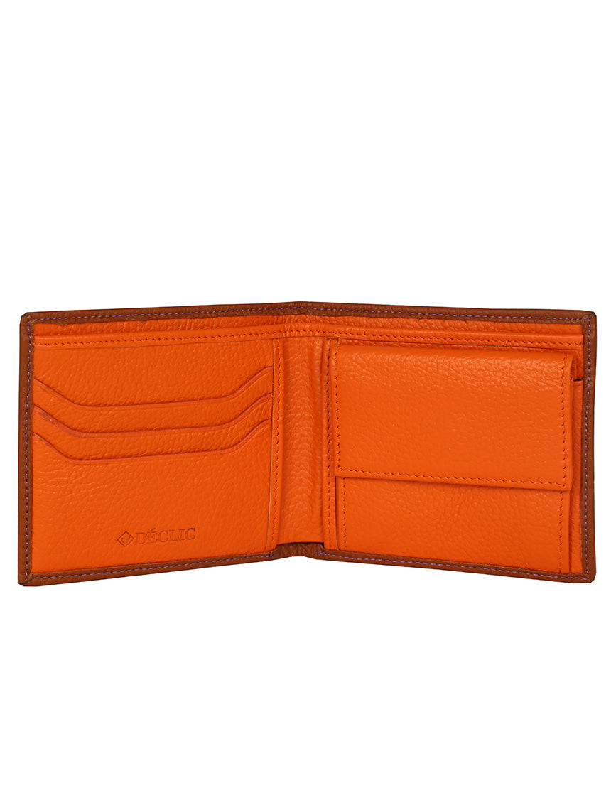DÉCLIC Block Bi-Fold Wallet for Men - Genuine Leather RFID Blocking Slim Wallet (Tan Orange) - Perfect for Travel, Business & Everyday Use