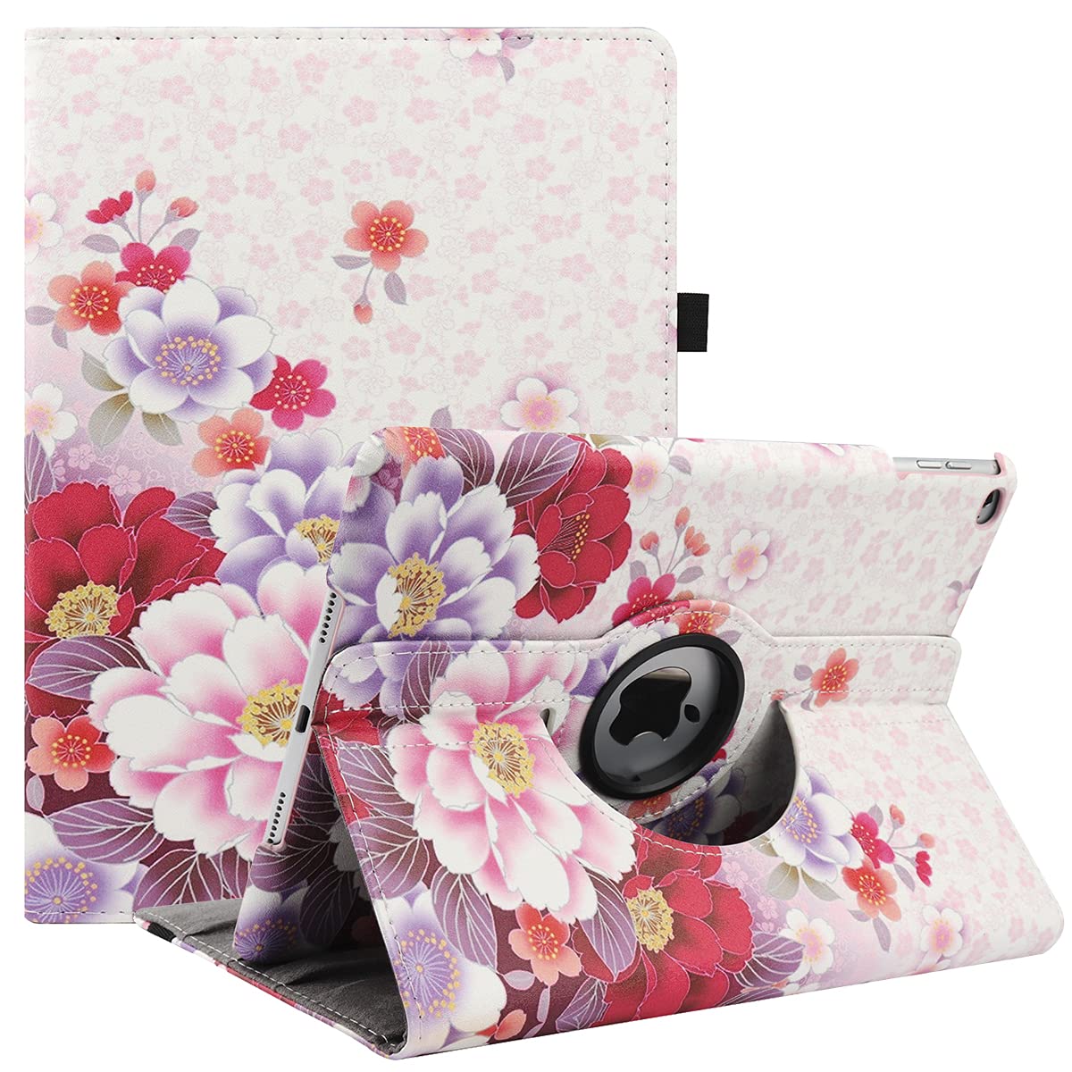 360° Rotating iPad Case for iPad 9.7 5th/6th Gen (2017/2018), iPad Air 2 & Air 1 - Multi-Angle Stand Folio Cover with Auto Sleep/Wake Function (Pink Peony Flower) | Perfect for Work, Study & Entertainment