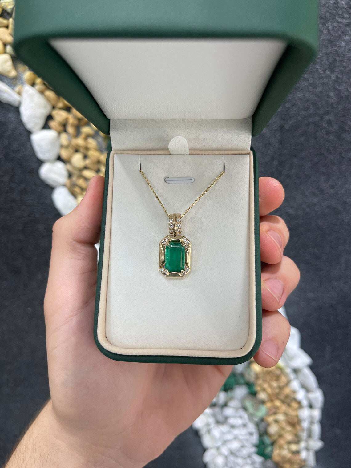 4.92tcw Brazilian Dark Forest Green Emerald Cut Diamond Pendant in 14K Gold - Elegant Statement Jewelry for Weddings, Parties & Special Occasions