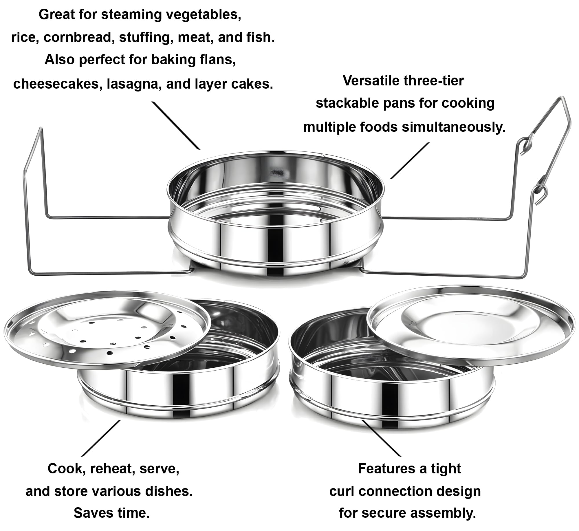 Stainless Steel 3-Tier Stackable Steamer Insert Pans for Instant Pot - 6 Qt & 3 Qt Compatible, 6 x 6 x 3.5 Inches - Perfect for Steaming Vegetables, Dumplings, Eggs & Meal Prep in Pressure Cooker