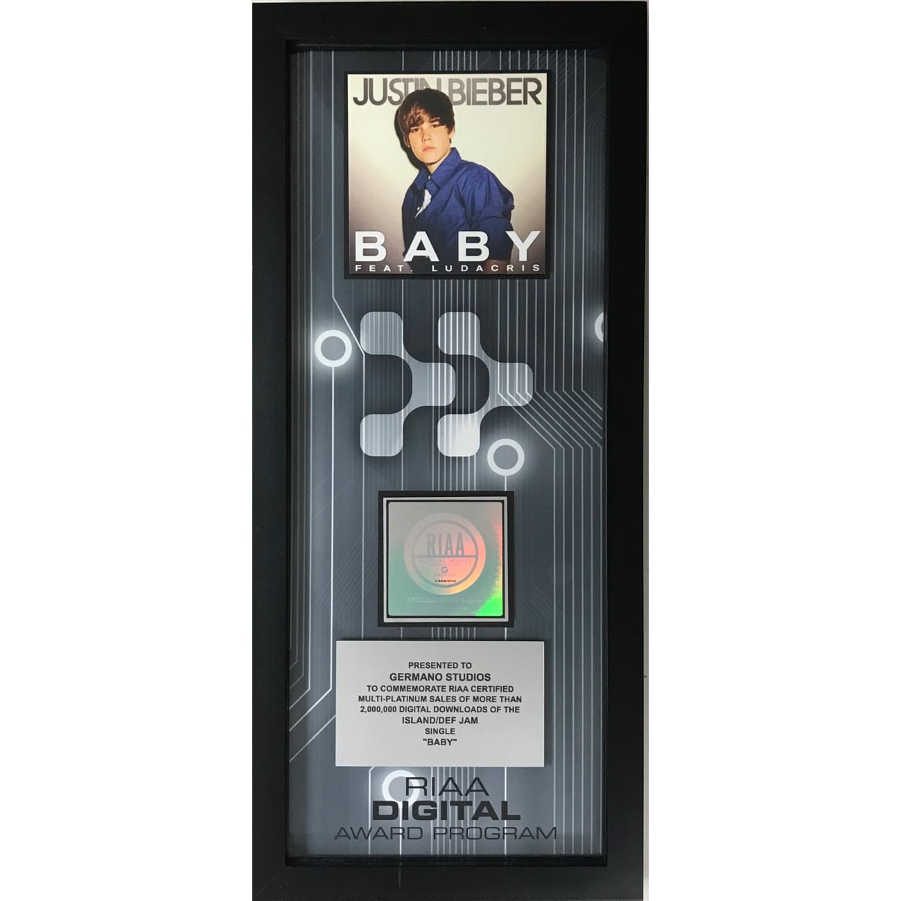 Justin Bieber ft. Ludacris - Baby RIAA Certified Digital Single Award - Perfect for Music Collectors & Memorabilia Displays