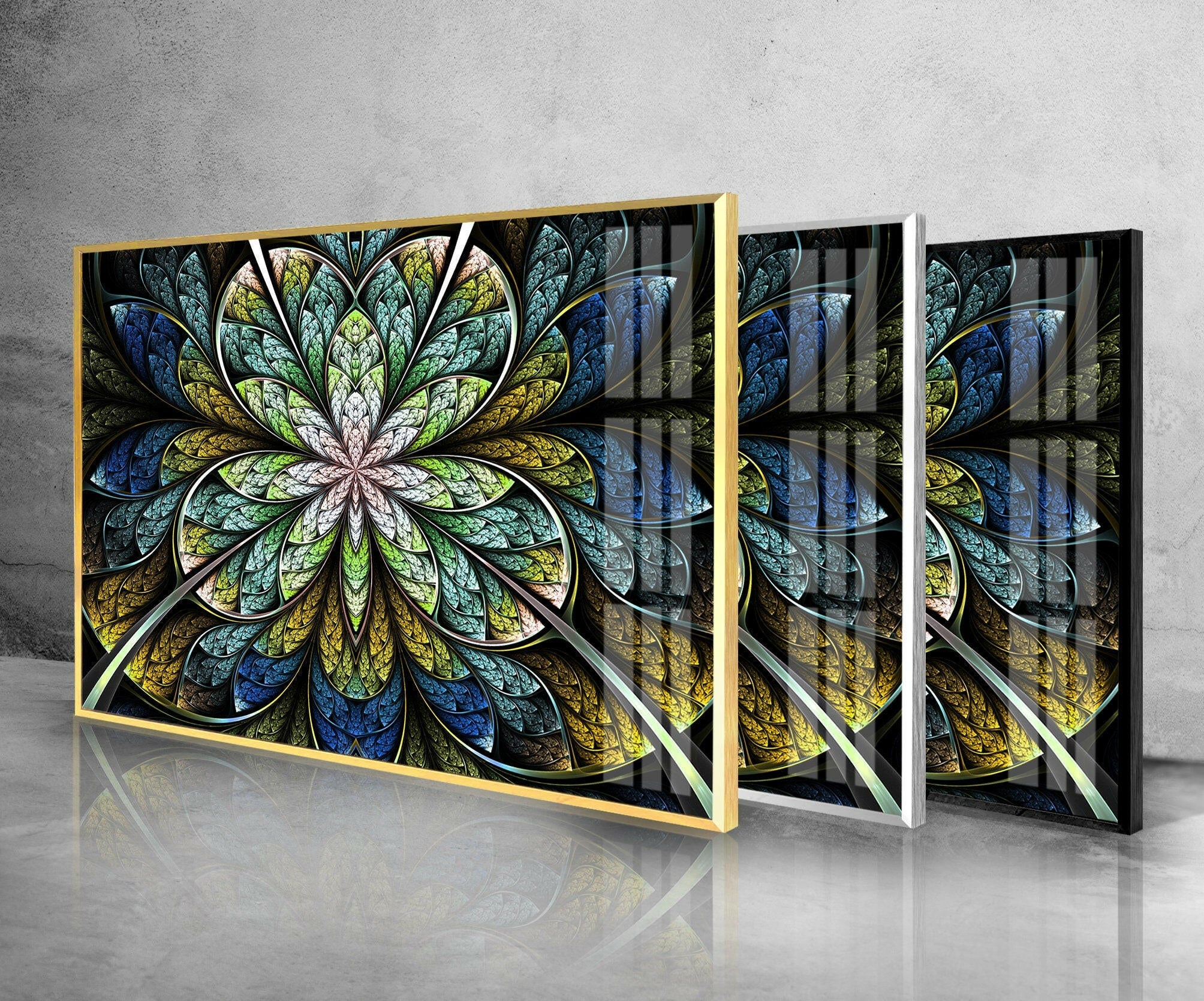 Blue Fractal Flower Glass Wall Art - Handmade Modern Home Decor for Living Room, Bedroom & Office - Elegant Glass Mosaic Wall Hanging for Unique Interior Design