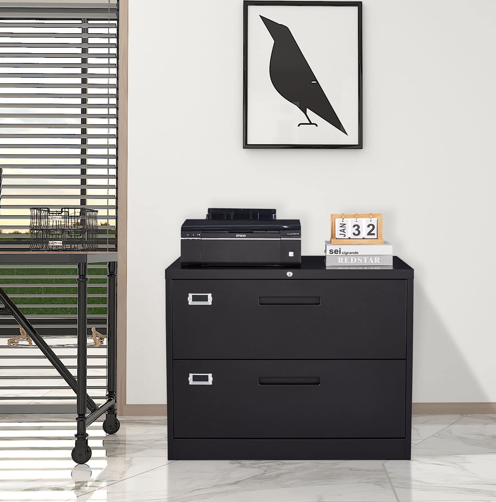 MIIIKO 2 Drawer Lateral File Cabinet - Black Metal Filing Cabinet with Lock, 35.4