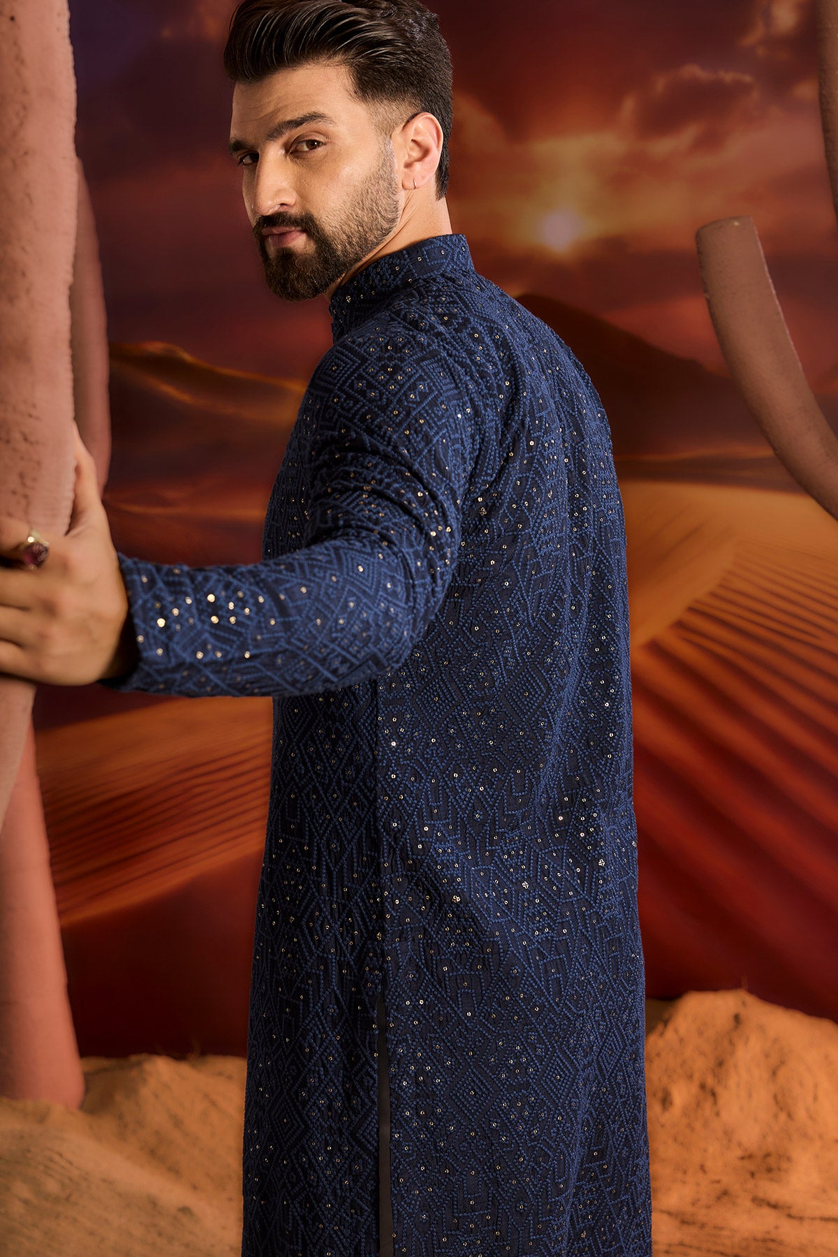 Elegant Navy Blue Chikankari Kurta with Geometric Embroidery - Traditional Indian Tunic for Women - Perfect for Festivals, Weddings & Casual Wear