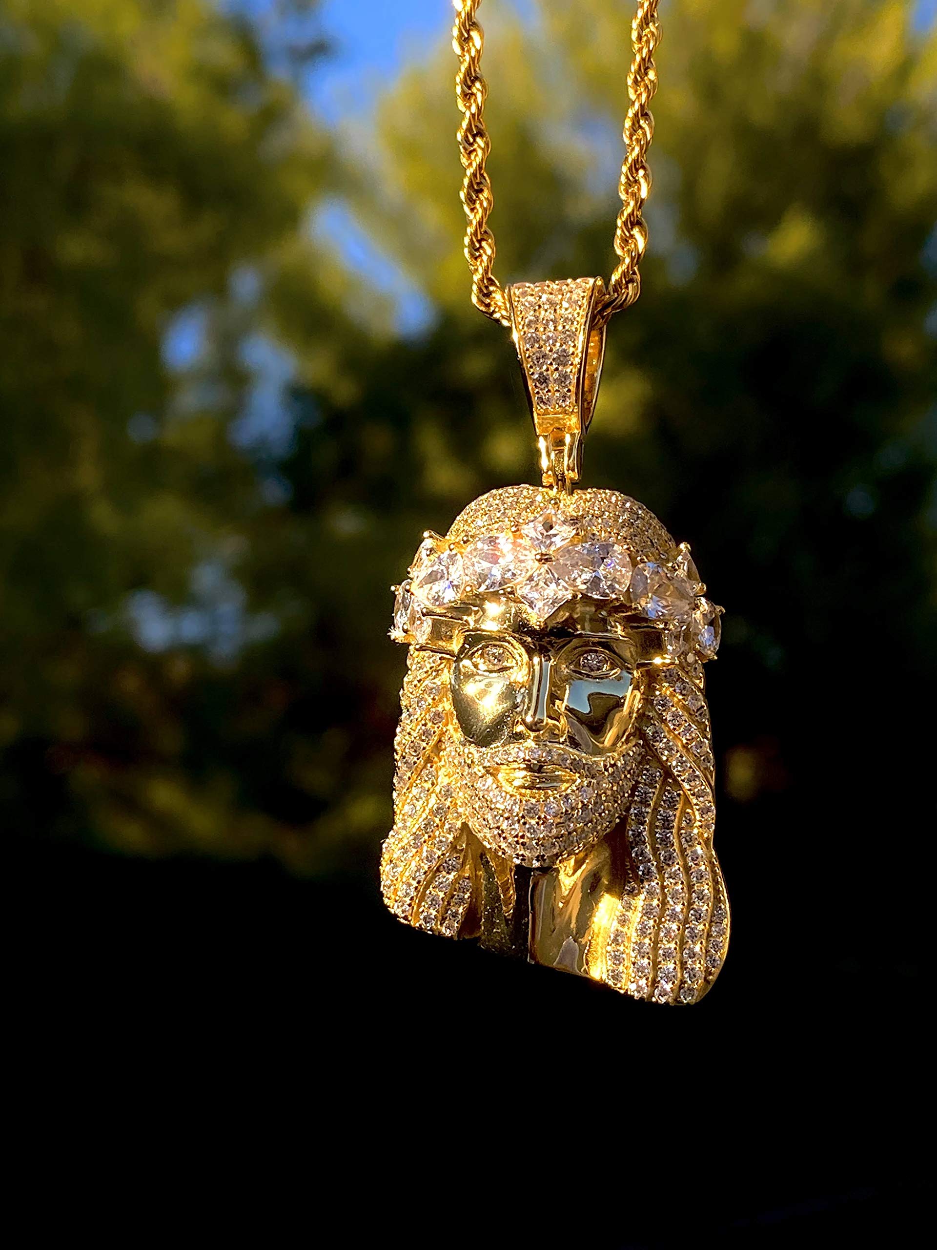 Custom Face of Christ Pendant - 925 Sterling Silver with Gold Finish & Iced Detail - Stainless Steel 3mm Rope Chain (16