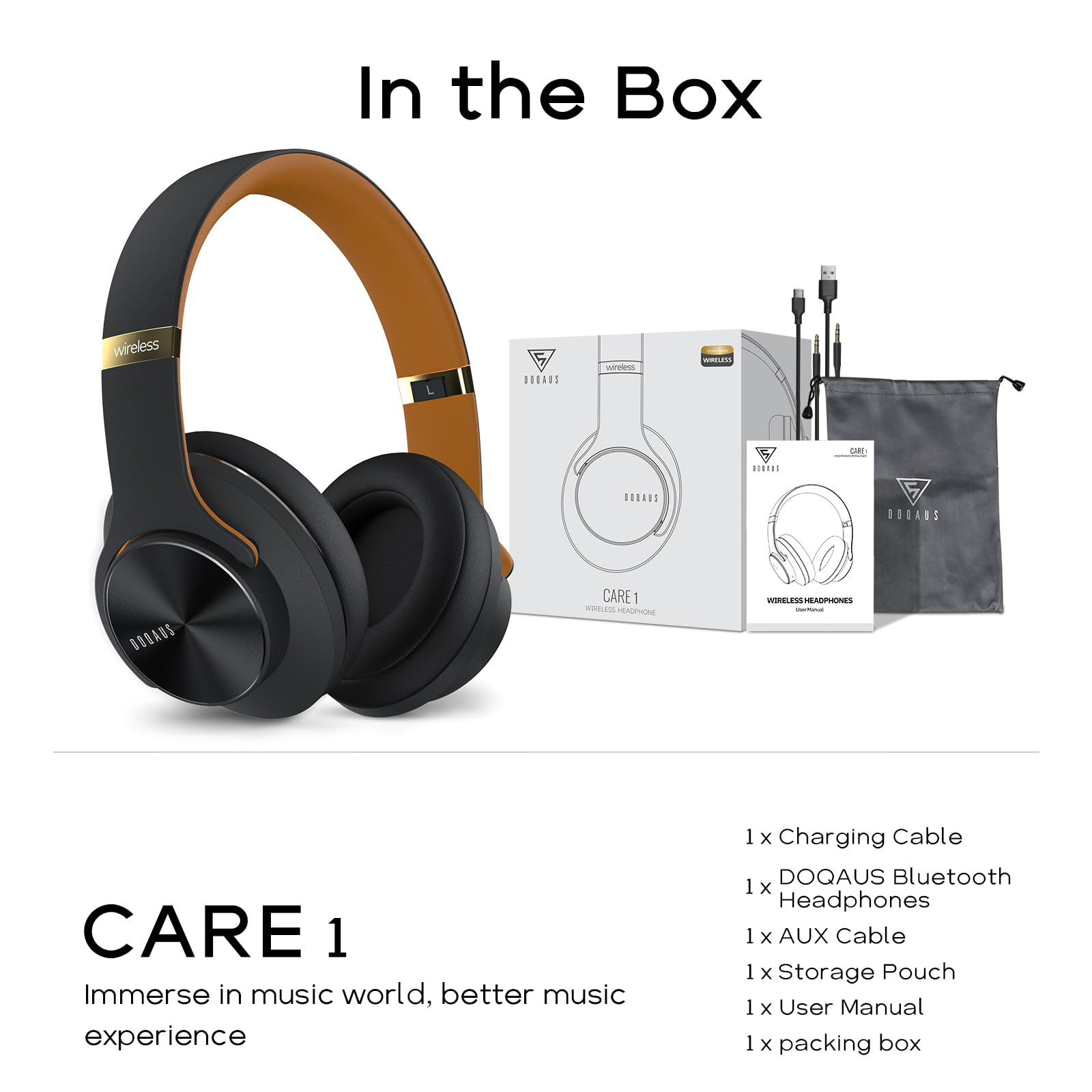 DOQAUS Wireless Over-Ear Bluetooth Headphones - 90H Playtime, HiFi Stereo, 3 EQ Modes, Foldable Design with Built-in Mic for PC, Phone & Tablet (Black Brown) - Perfect for Work, Travel & Gaming