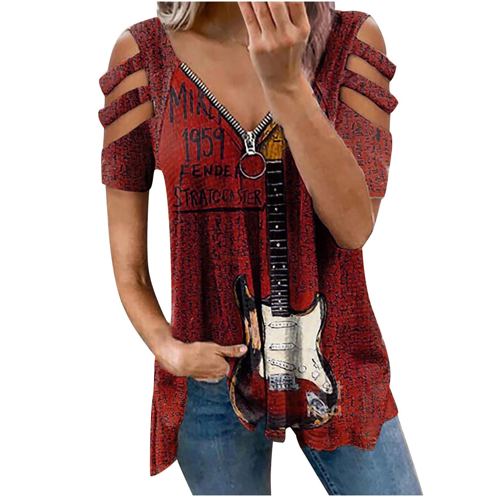 Trendy Women's Strappy Cold Shoulder Tops - Casual Tie Dye V-Neck Zipper Blouses with Waffle Knit for Summer | Perfect for Beach Outings, Date Nights & Casual Wear