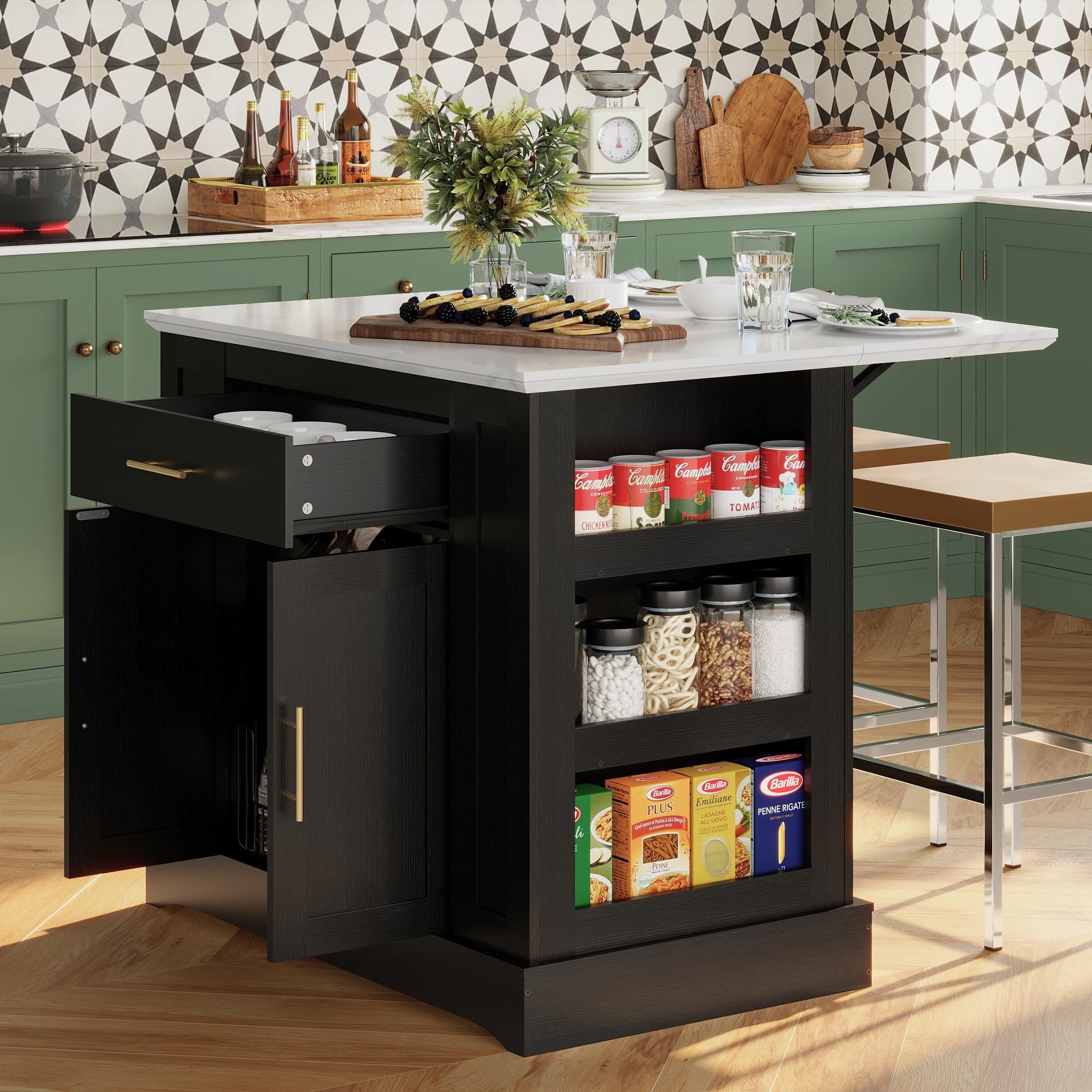 FUSUNBAO Large Kitchen Island with Storage, Power Outlet, Drawer, Adjustable Shelves, Side Compartments, Drop Leaf & Footrest, Black – Perfect for Small Kitchens and Open Floor Plans