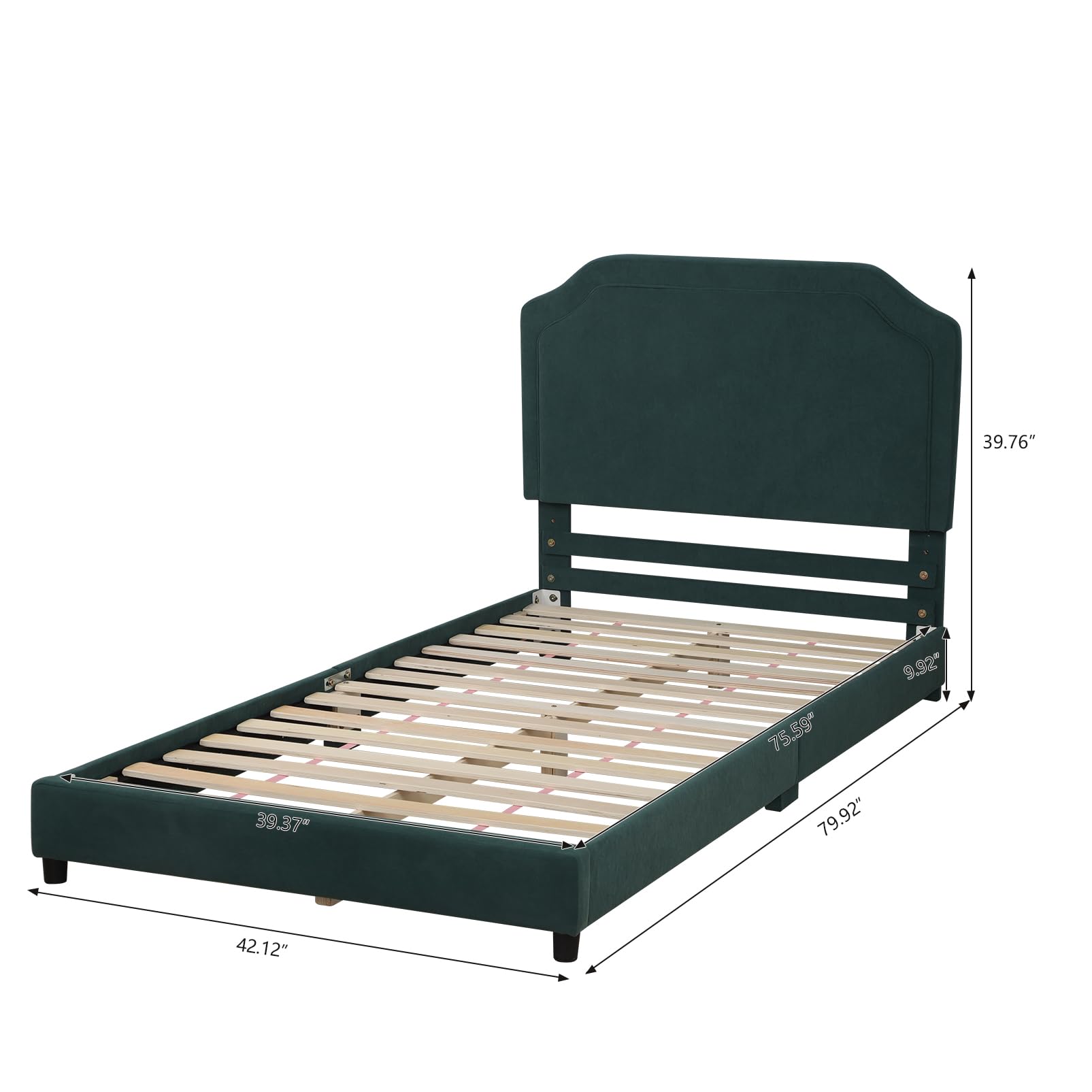 Velvet Upholstered Twin Bed Frame for Kids - Adjustable Headboard, Wooden Structure, Green - Perfect for Nursery, Bedroom & Playroom Decor