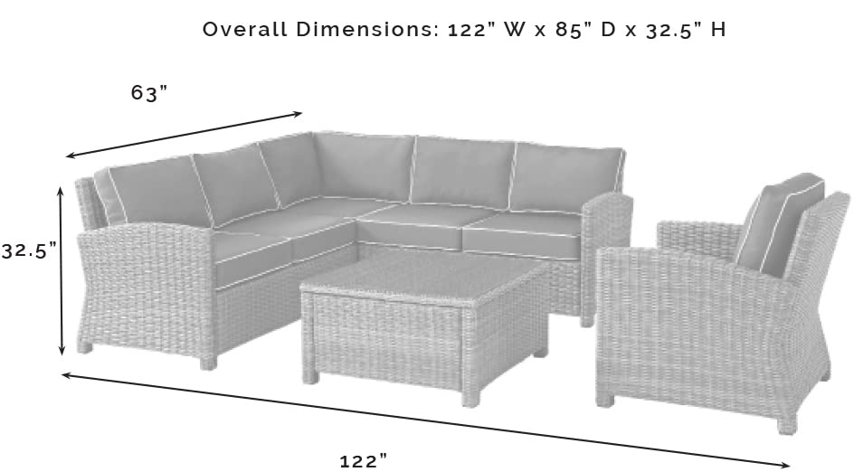 Crosley Furniture Bradenton 5-Piece Outdoor Sectional Sofa Set - All-Weather Wicker Patio Furniture with Navy Cushions for Deck, Garden & Backyard Relaxation