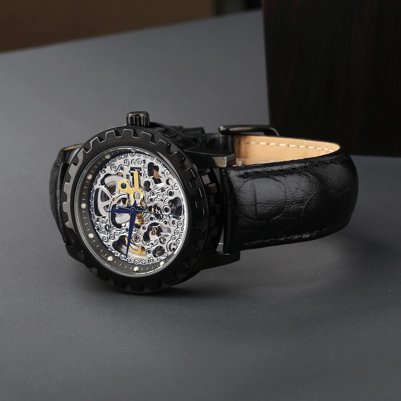 BERNY Men's Automatic Mechanical Skeleton Luxury Dress Watch - Gold Stainless Steel Case, Silver Dial, Black Leather Band, Luminous Markers, 5ATM Waterproof, Exhibition Back | Perfect for Business, Formal Events & Gift Giving
