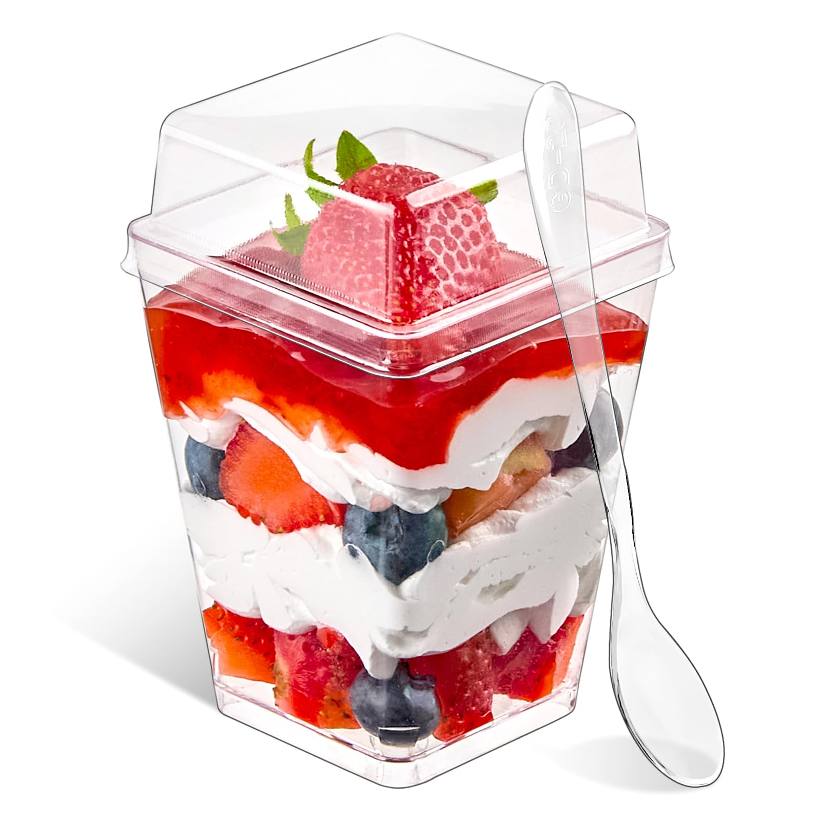 50 Pack 5 oz Clear Plastic Dessert Cups with Lids & Spoons - Square Mini Parfait Containers for Yogurt, Pudding, Ice Cream, Fruit & Appetizers - Perfect for Parties, Catering & Home Dessert Serving