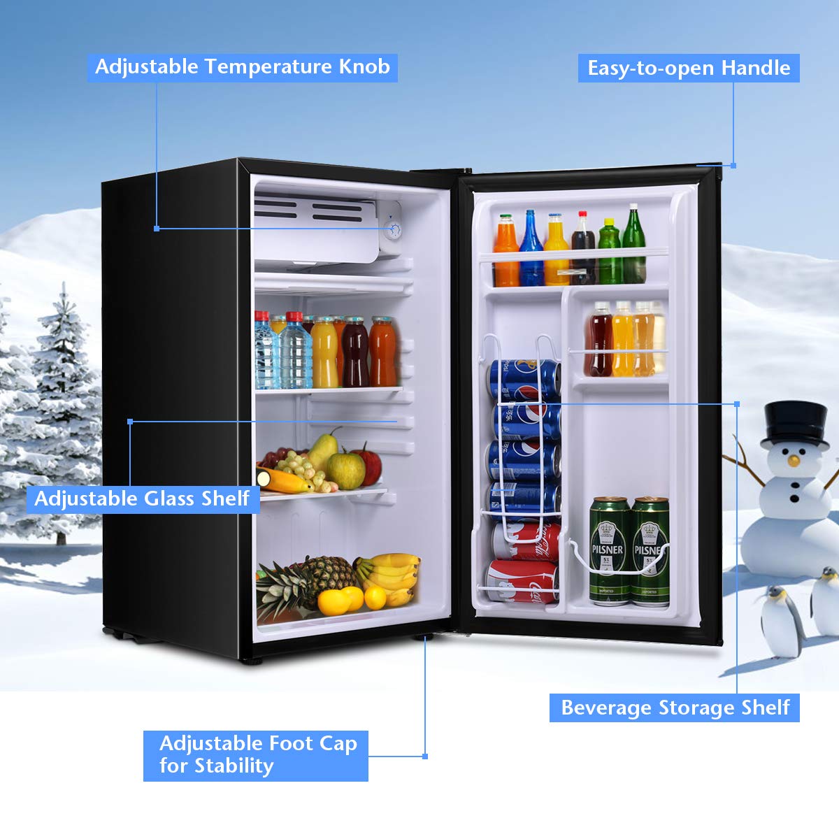 COSTWAY 3.2 CU.FT Compact Refrigerator with Freezer - Single Door Mini Fridge with Adjustable Thermostat, Removable Glass Shelves - Perfect for Dorm, Apartment, Office, Bedroom, RV - Energy Efficient Black Mini Cooler for Food, Drinks & Snacks Storage