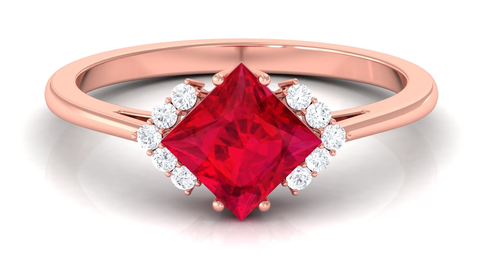 14K Solid Gold Princess Cut Lab Created Ruby & Moissanite Ring for Women - Elegant Engagement, Anniversary, or Gift Jewelry
