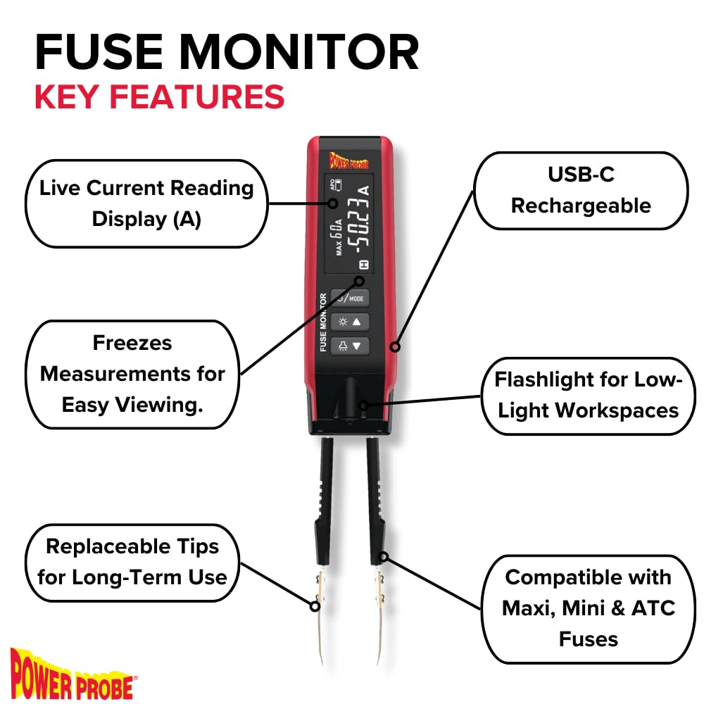 Power Probe PPFUSE Fuse Monitor - Circuit Tester for Mini, Maxi & ATC Fuses with Live Current Readings Up to 80A - Replaceable Tips & Built-in Flashlight for Automotive Electrical Diagnostics & Emergency Repairs