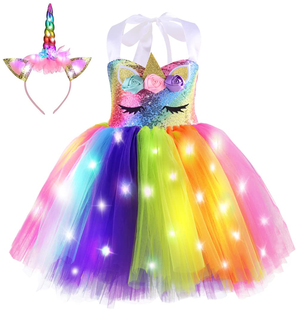 Sparkly Sequin Unicorn Princess Costume for Girls | Light Up Tutu Dress for Birthday Party, Halloween, Christmas | Magical Fairy Tale Dress-Up Play & Photo Shoots