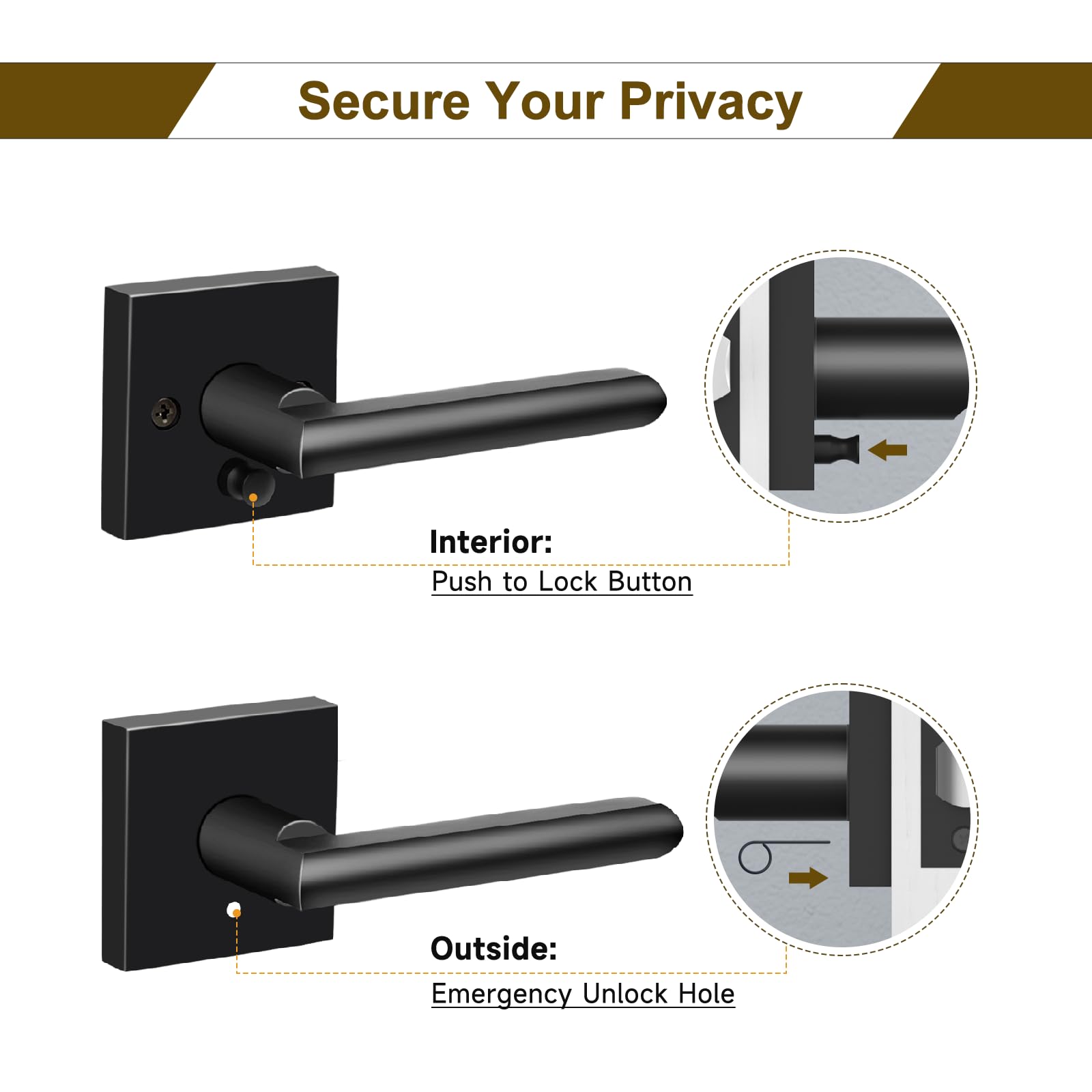 HOSOM 6 Pack Matte Black Privacy Door Levers - Square Keyless Reversible Interior Door Handles for Bedroom & Bathroom - Fits Left & Right Handed Doors | Modern Home Security & Privacy Solution