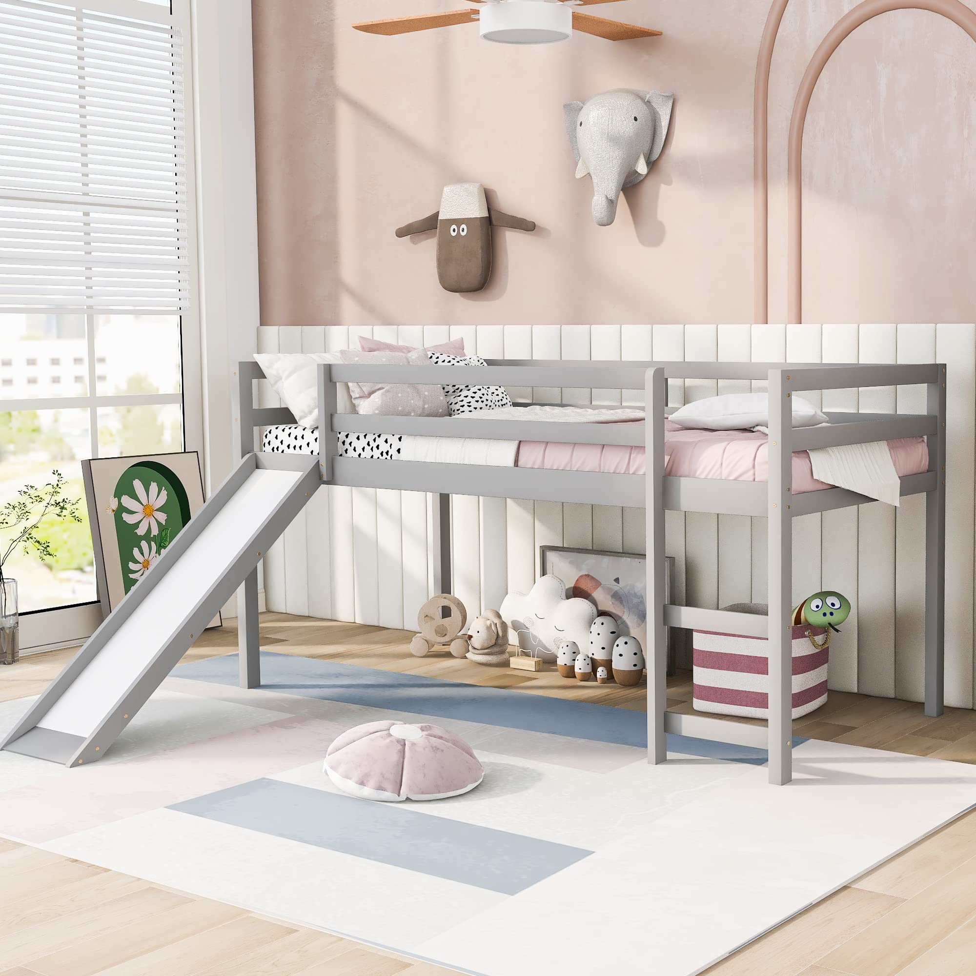 JULYFOX Twin Loft Bed with Slide for Kids - Solid Pine Wood Bunk Bed Frame with Ladder, Headboard & Guard Rails - No Box Spring Needed - Ideal for Small Spaces, Teens & Junior Kids (Gray) - Perfect for Bedrooms, Playrooms & Dorm Rooms