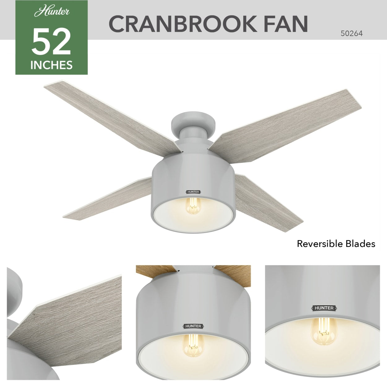 Hunter 52 Inch Cranbrook Low Profile Ceiling Fan with Light Kit - Energy Efficient Indoor/Outdoor Fan - Perfect for Bedroom, Living Room, Patio & Covered Porch