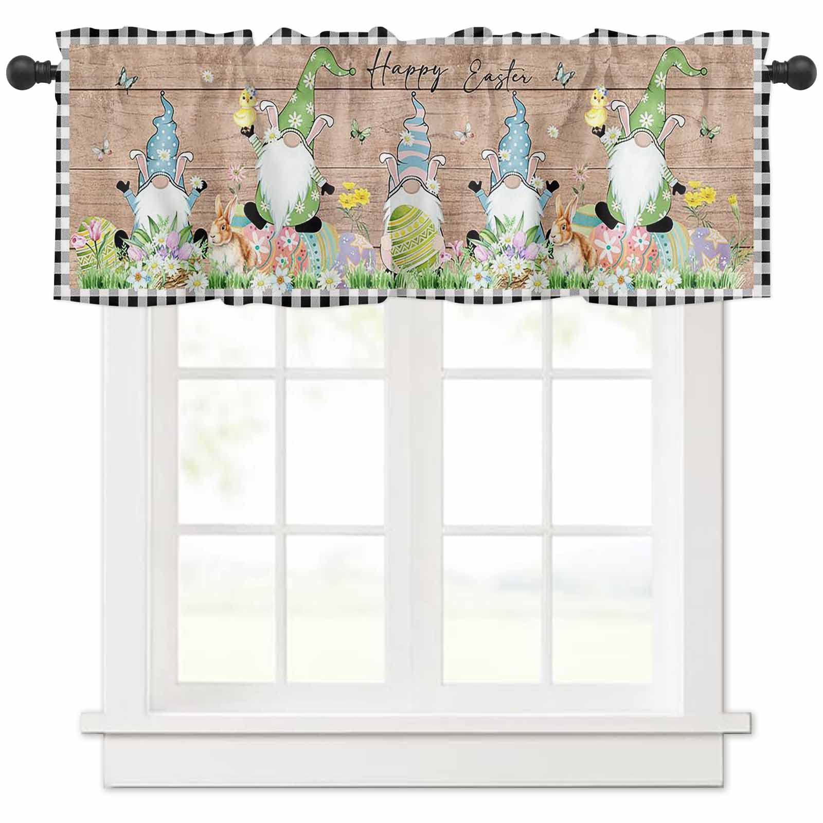 Easter Kitchen Window Valances - 54x18 Inch Rod Pocket Tier Curtain Toppers with Gnomes, Bunnies & Floral Vintage Design - Perfect for Spring Home Decor & Holiday Kitchen Window Treatments