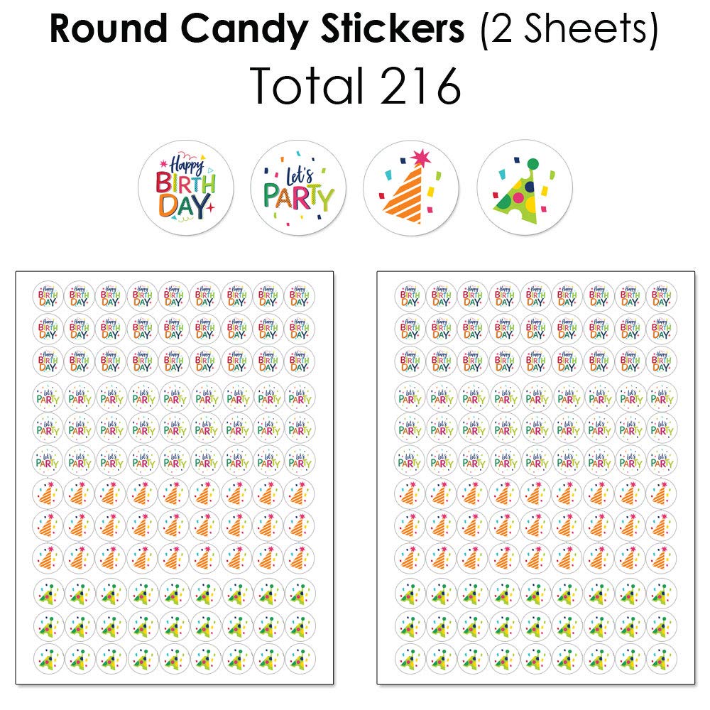 Happy Birthday Candy Wrappers & Stickers Kit - 304 Pieces Colorful Party Favors for Birthdays, Celebrations, Baby Showers & DIY Crafts - Big Dot of Happiness Cheerful Mini Candy Bar Wrappers with Round Stickers