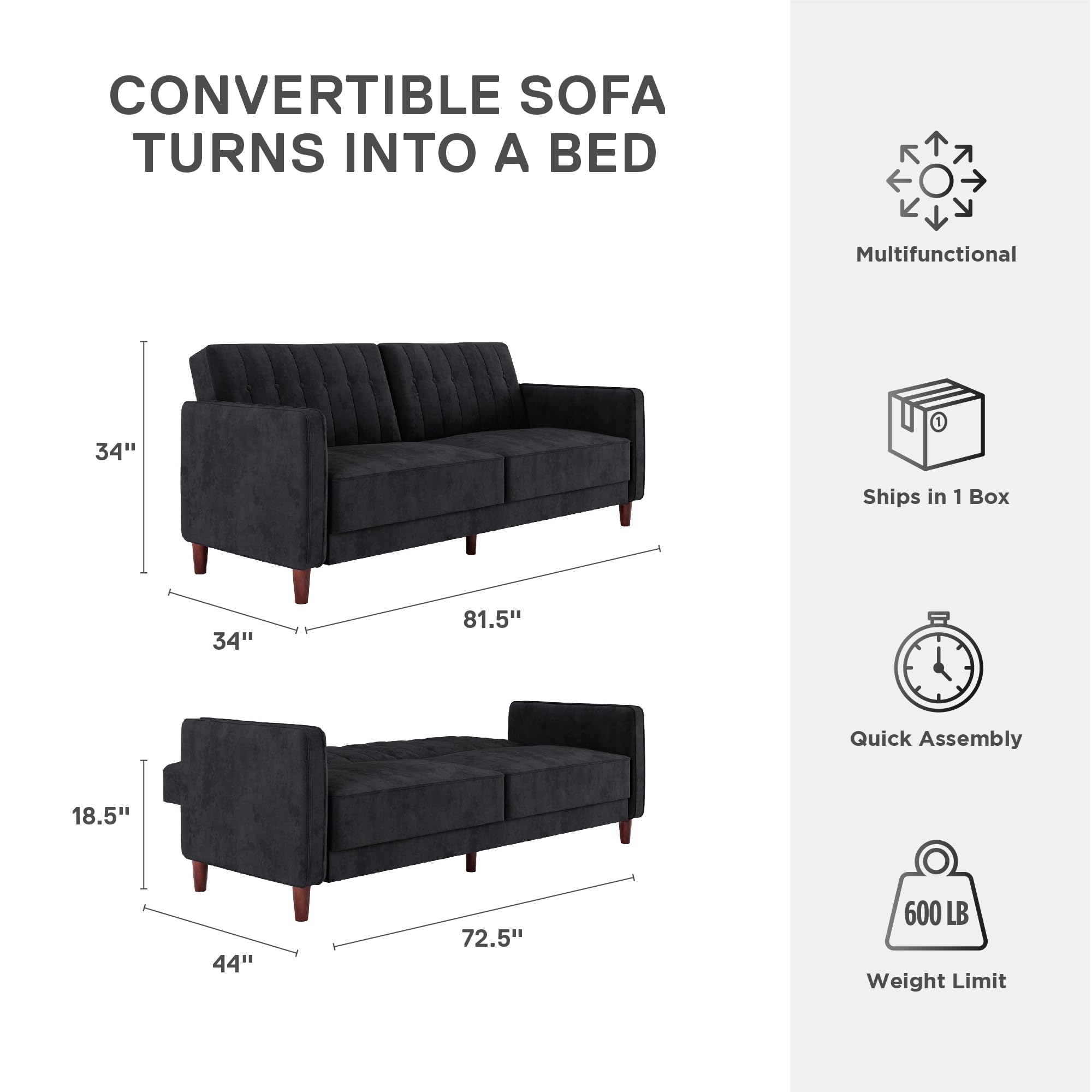 DHP Ivana Tufted Transitional Futon Sofa Bed - Convertible Sleeper with Black Velvet Upholstery for Living Room, Guest Room & Small Spaces